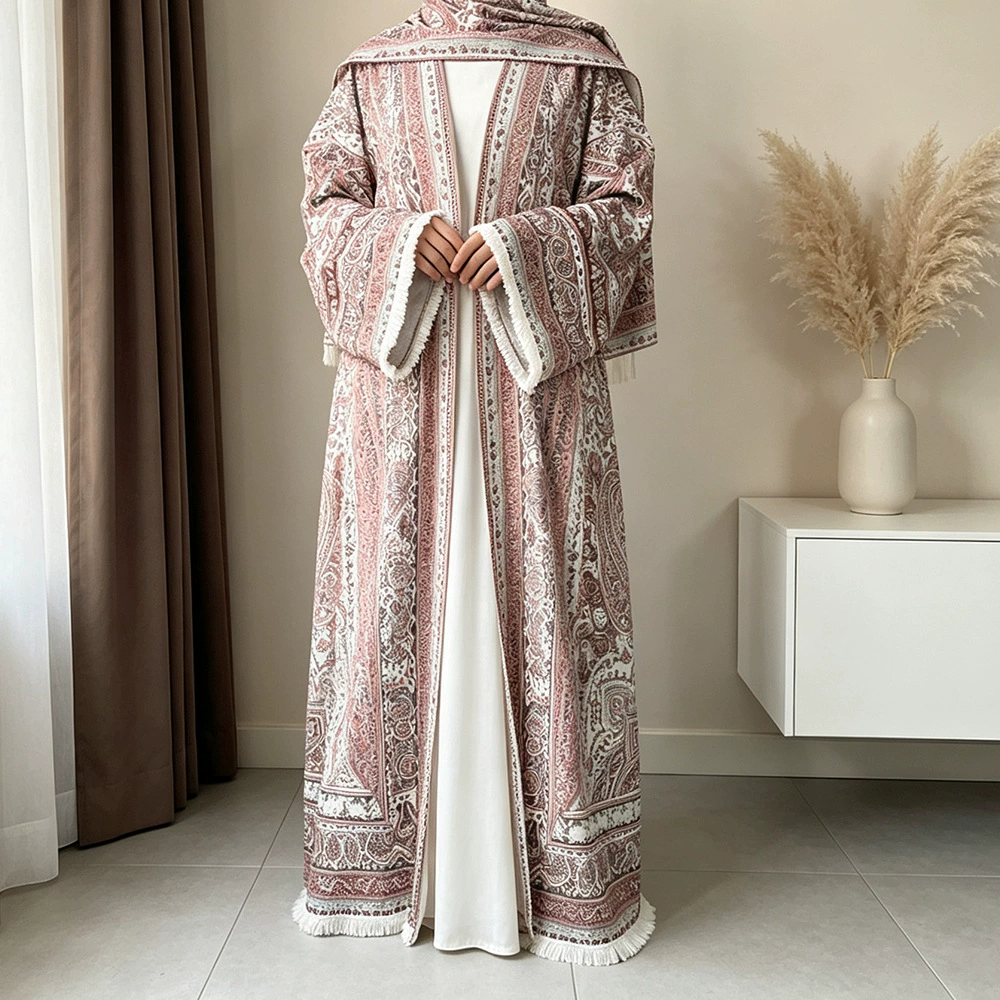 Fashion Printed Four-Way Stretch Open-Front Long Robe with Matching Headscarf