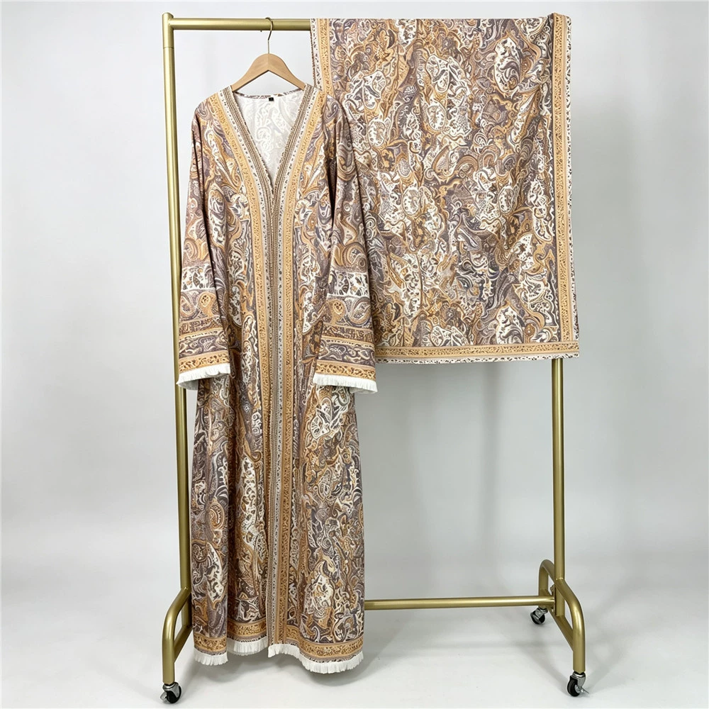 Fashion Printed Four-Way Stretch Open-Front Long Robe with Matching Headscarf