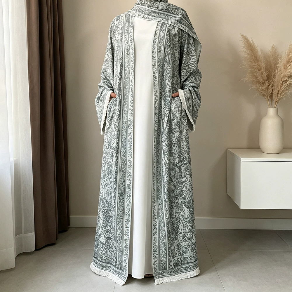 Fashion Printed Four-Way Stretch Open-Front Long Robe with Matching Headscarf