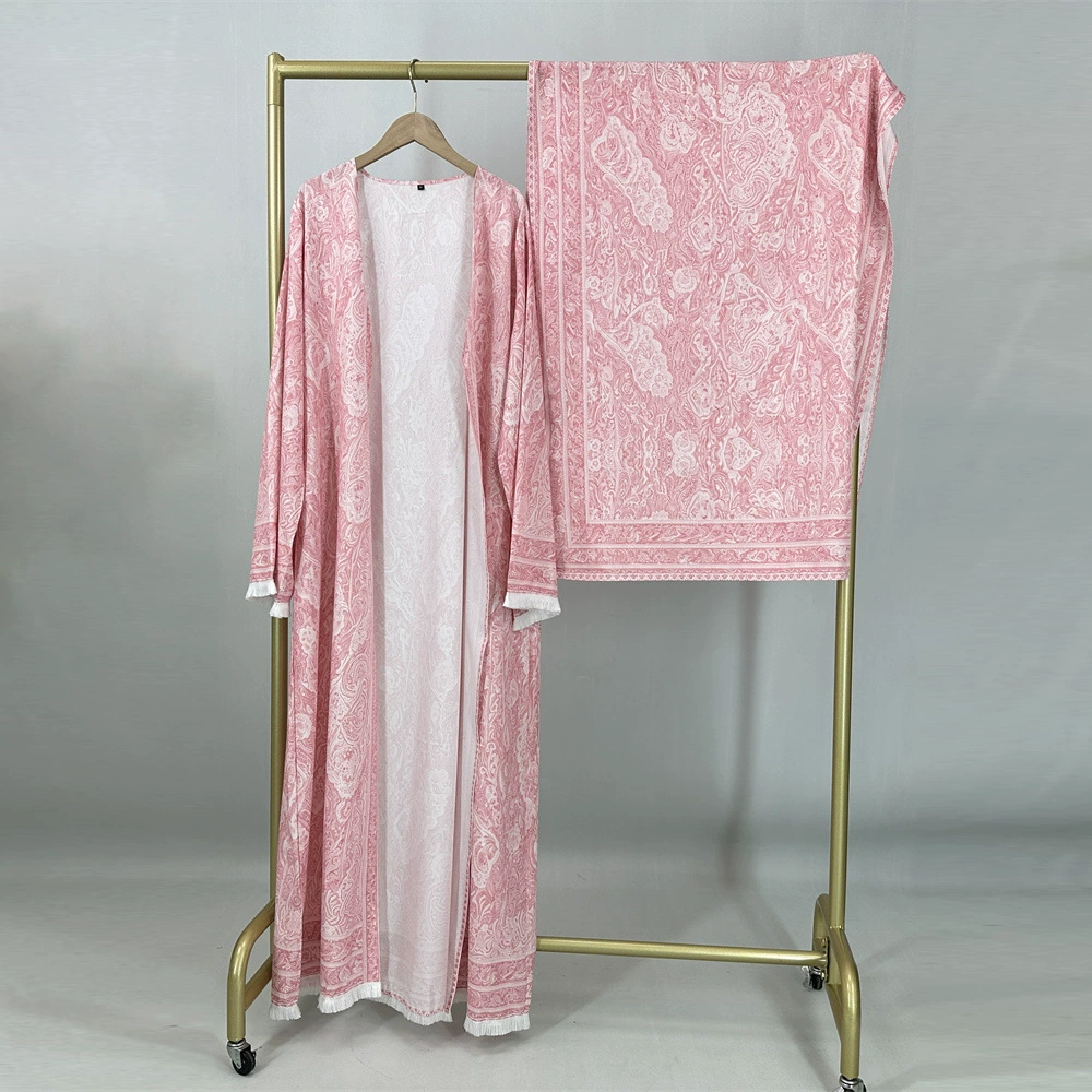 Fashion Printed Four-Way Stretch Open-Front Long Robe with Matching Headscarf