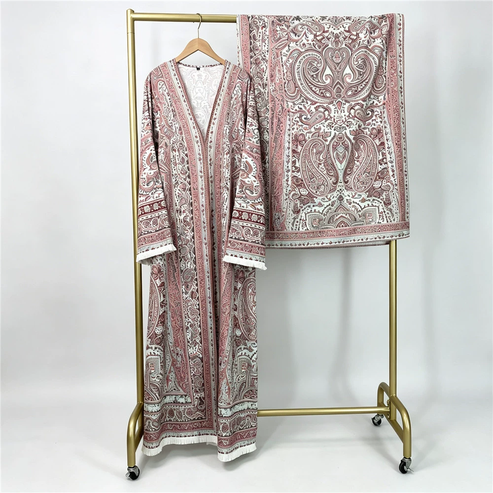 Fashion Printed Four-Way Stretch Open-Front Long Robe with Matching Headscarf