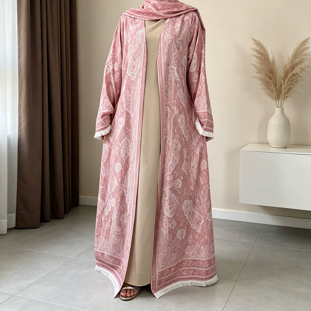 Fashion Printed Four-Way Stretch Open-Front Long Robe with Matching Headscarf