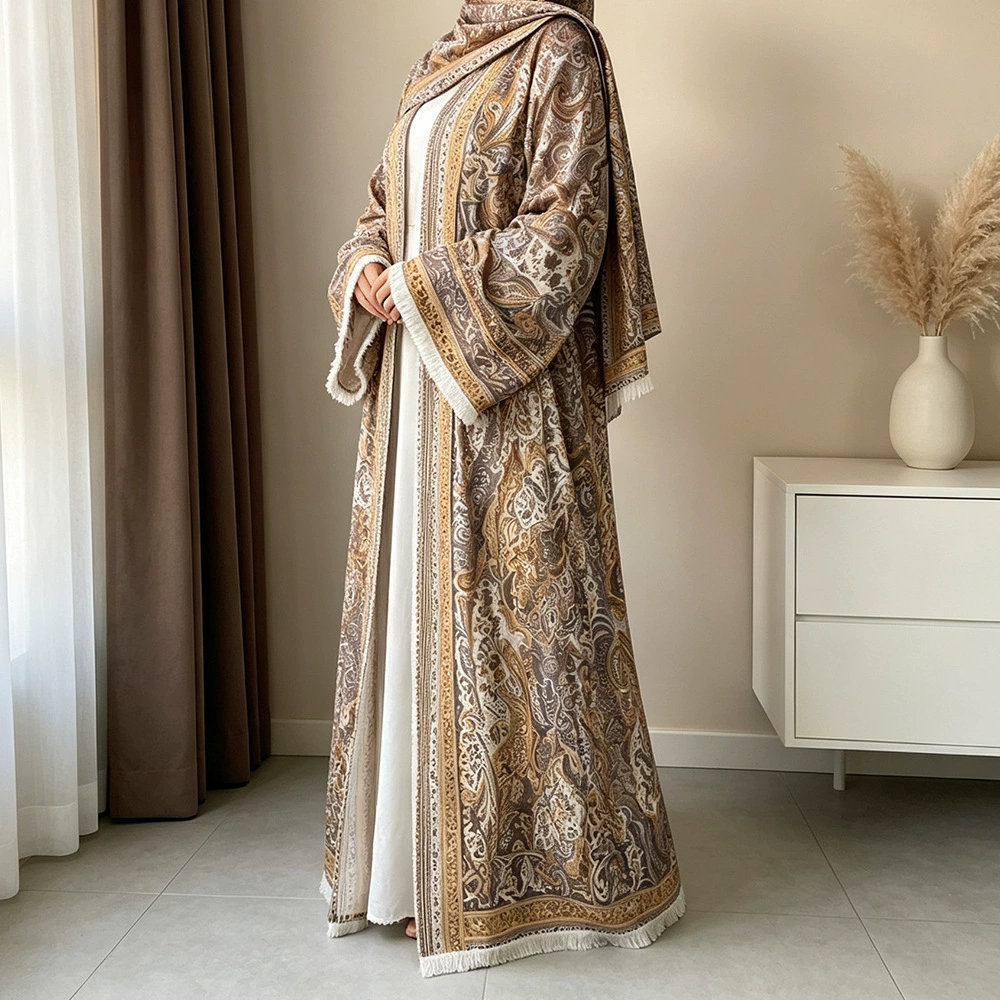 Fashion Printed Four-Way Stretch Open-Front Long Robe with Matching Headscarf