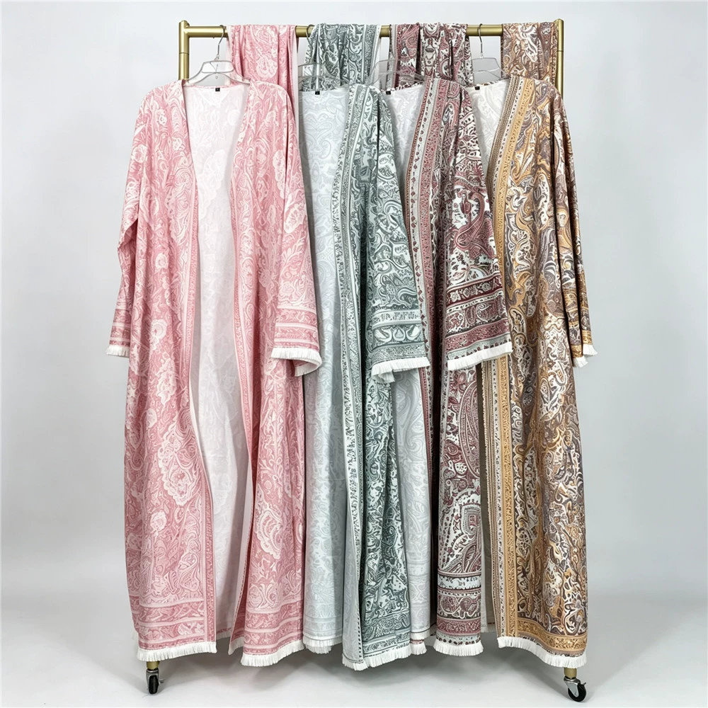 Fashion Printed Four-Way Stretch Open-Front Long Robe with Matching Headscarf