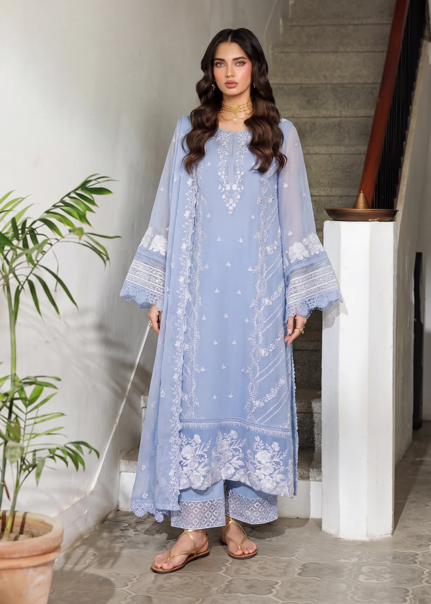 organza net Kurta Set in Ice blue