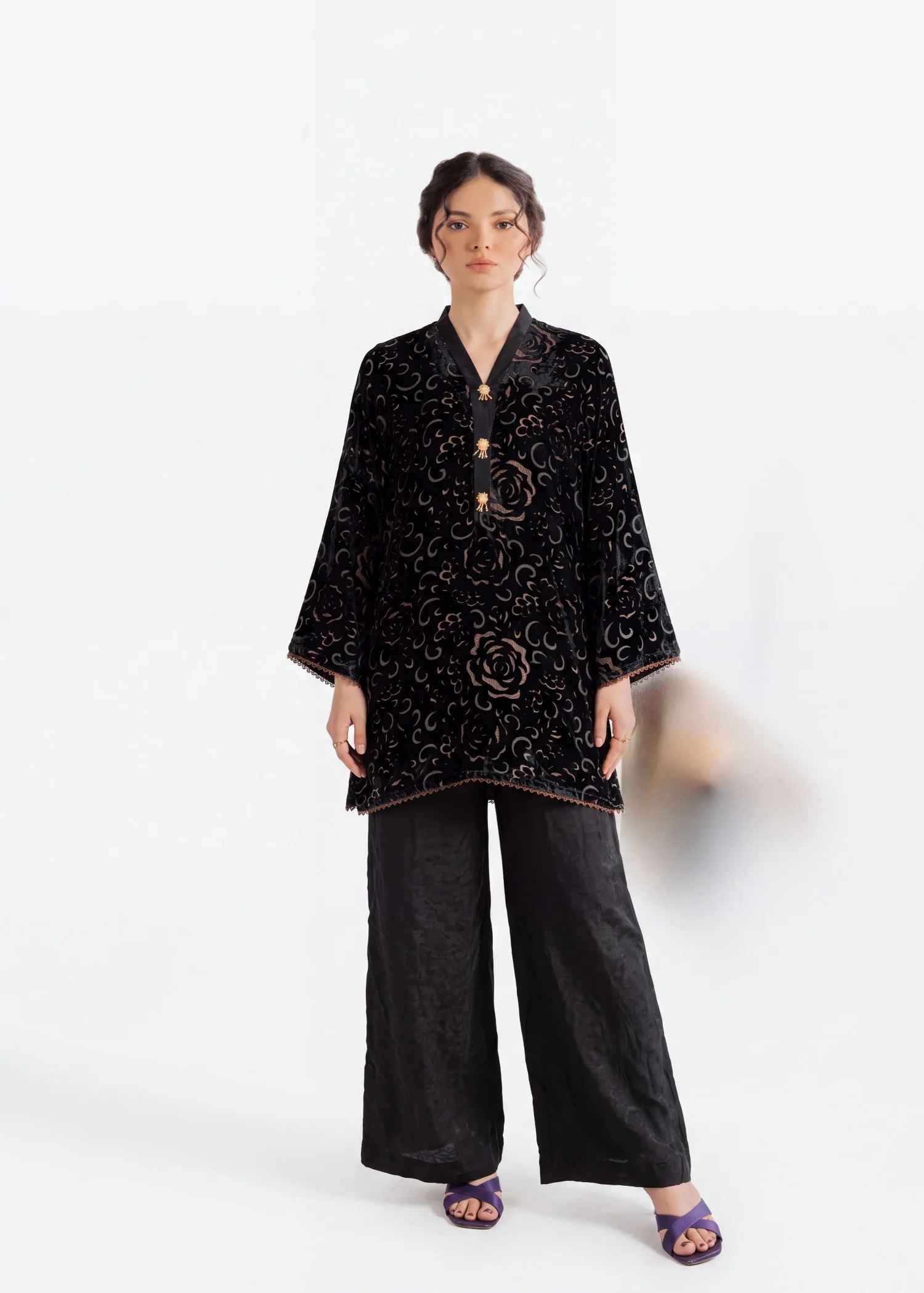 velvet Kurta Set in Lead black