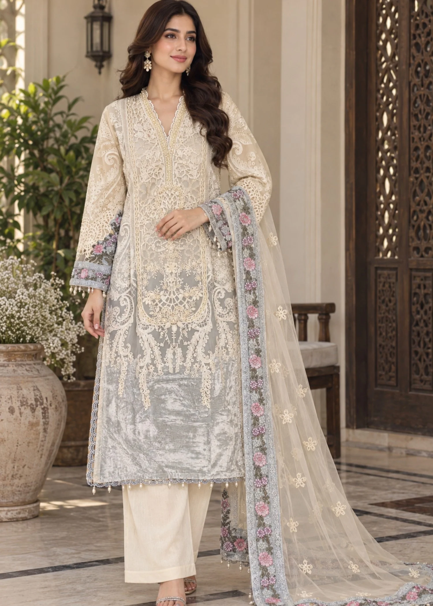 velvet Kurta Set in Cream, grey