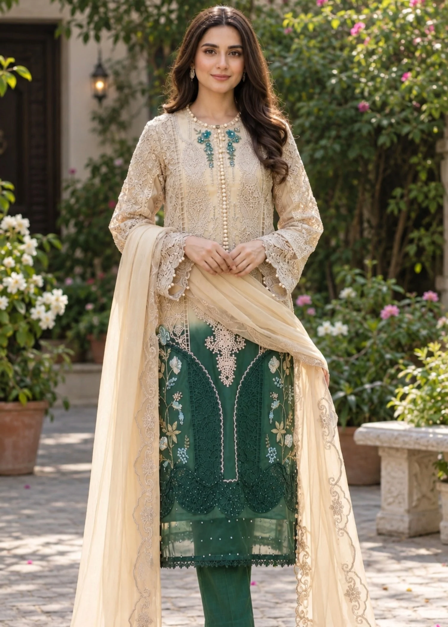 organza Kurta Set in Bottle green, linen