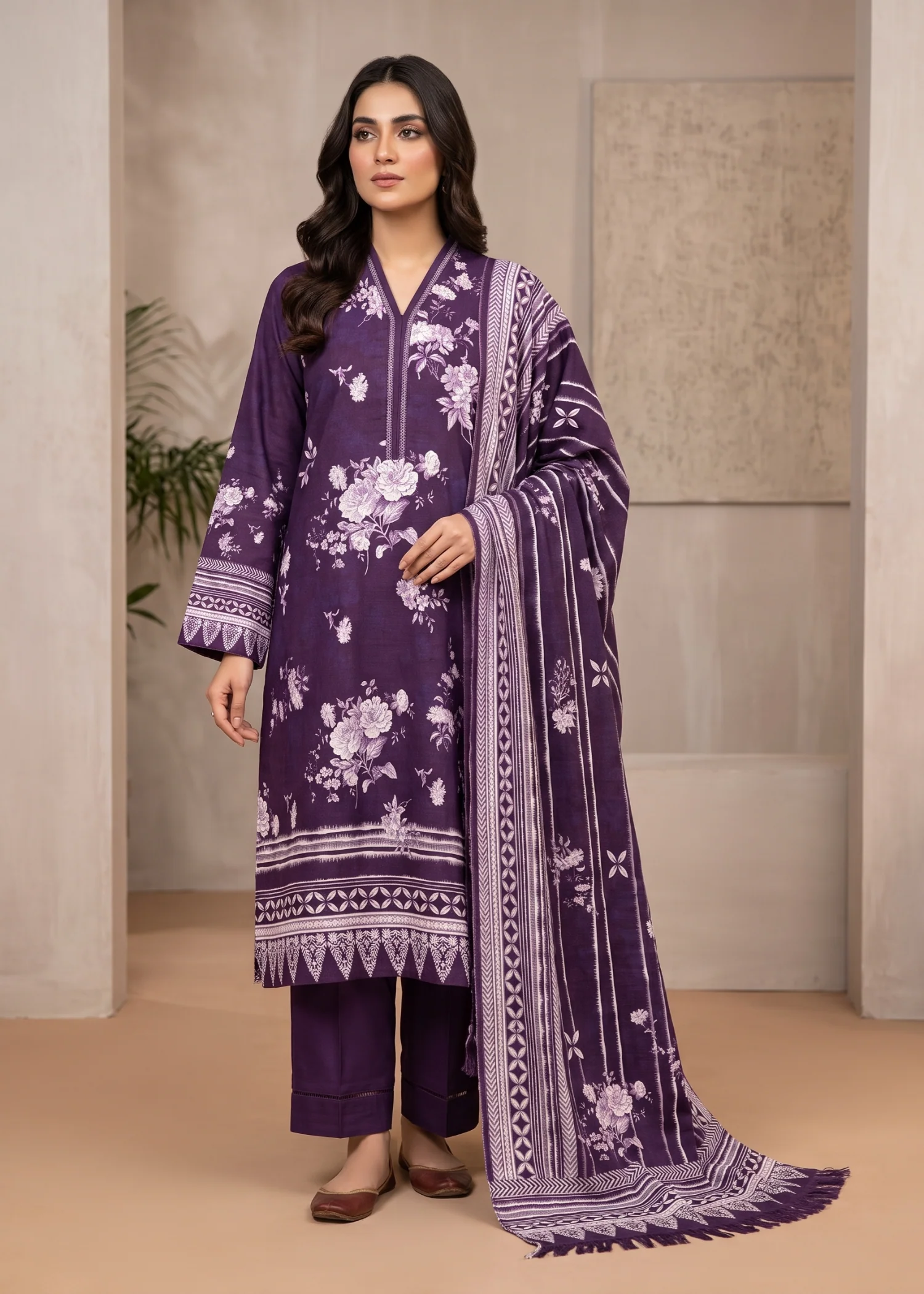 khaddar Unstitched in Purple