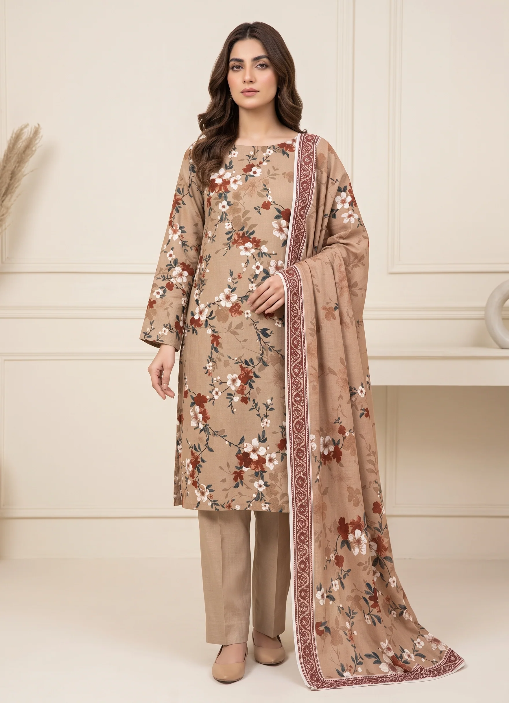 khaddar Unstitched in Camel brown