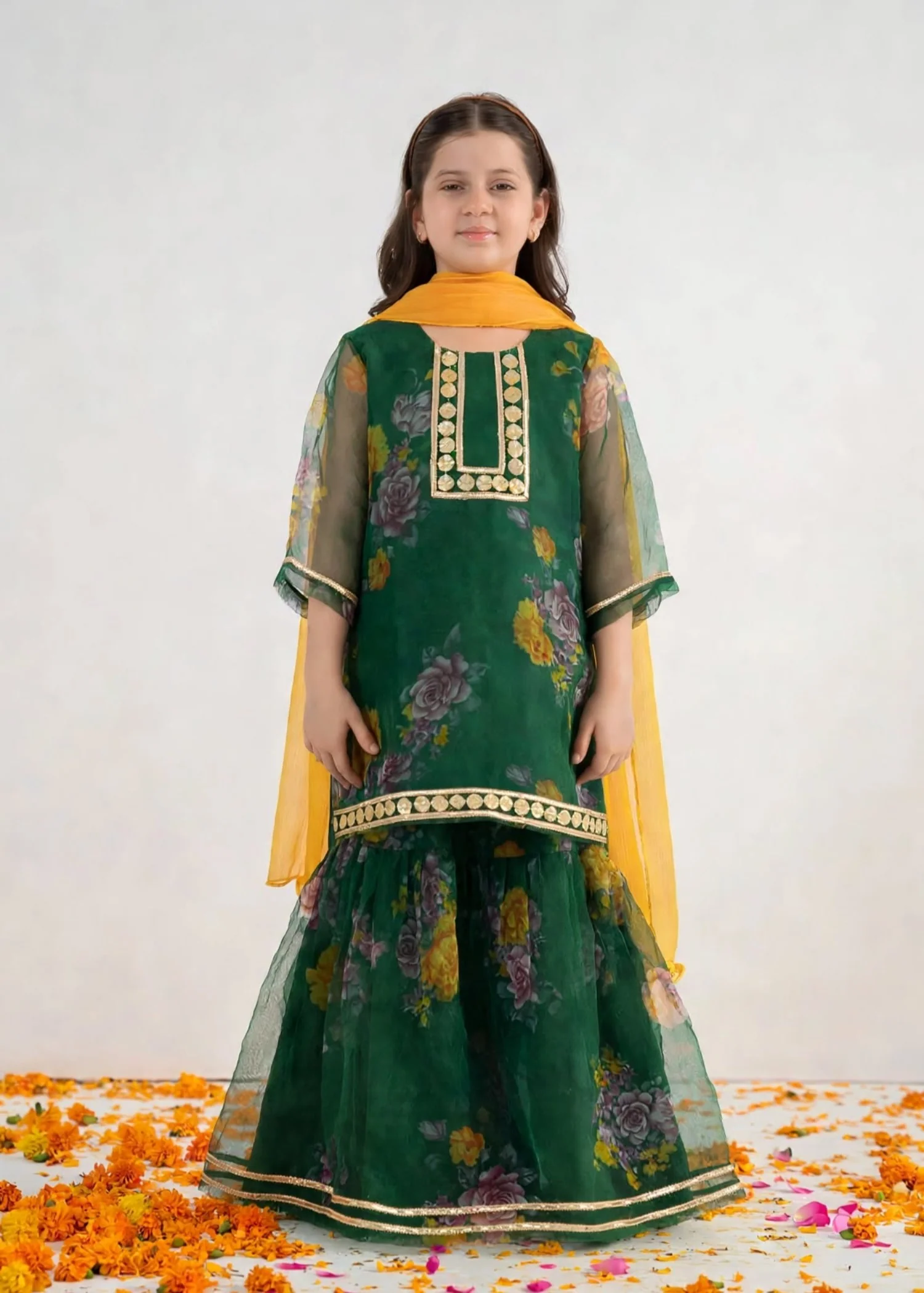 organza Gharara in Green
