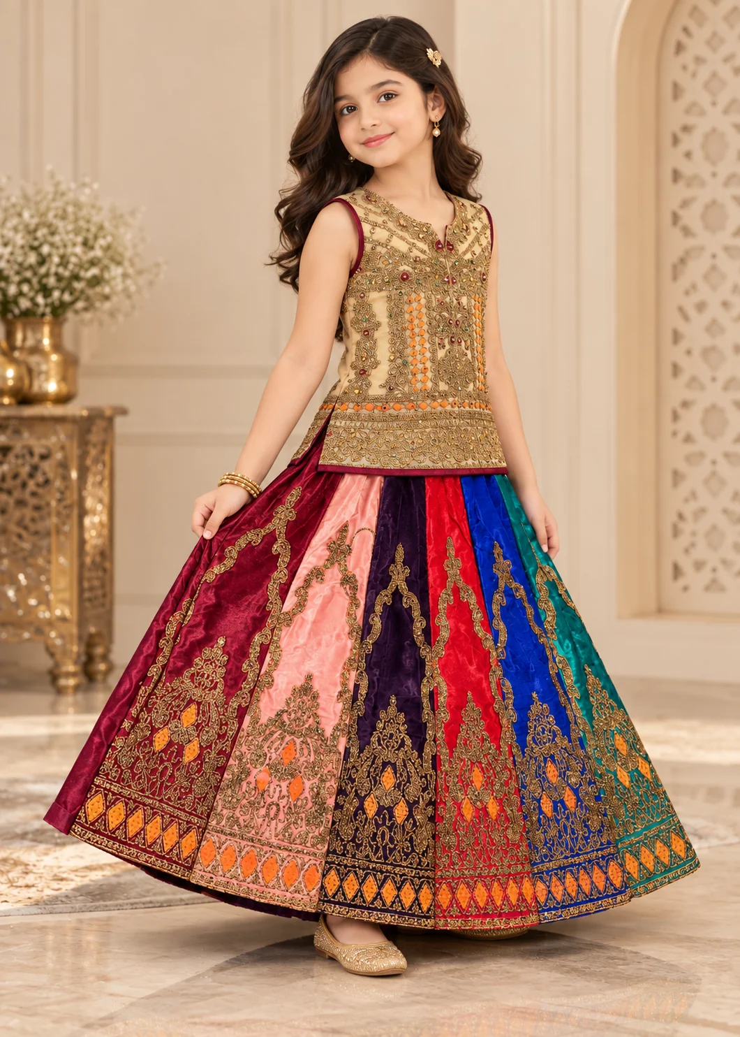masuri Lehenga in Beige, maroon, multi