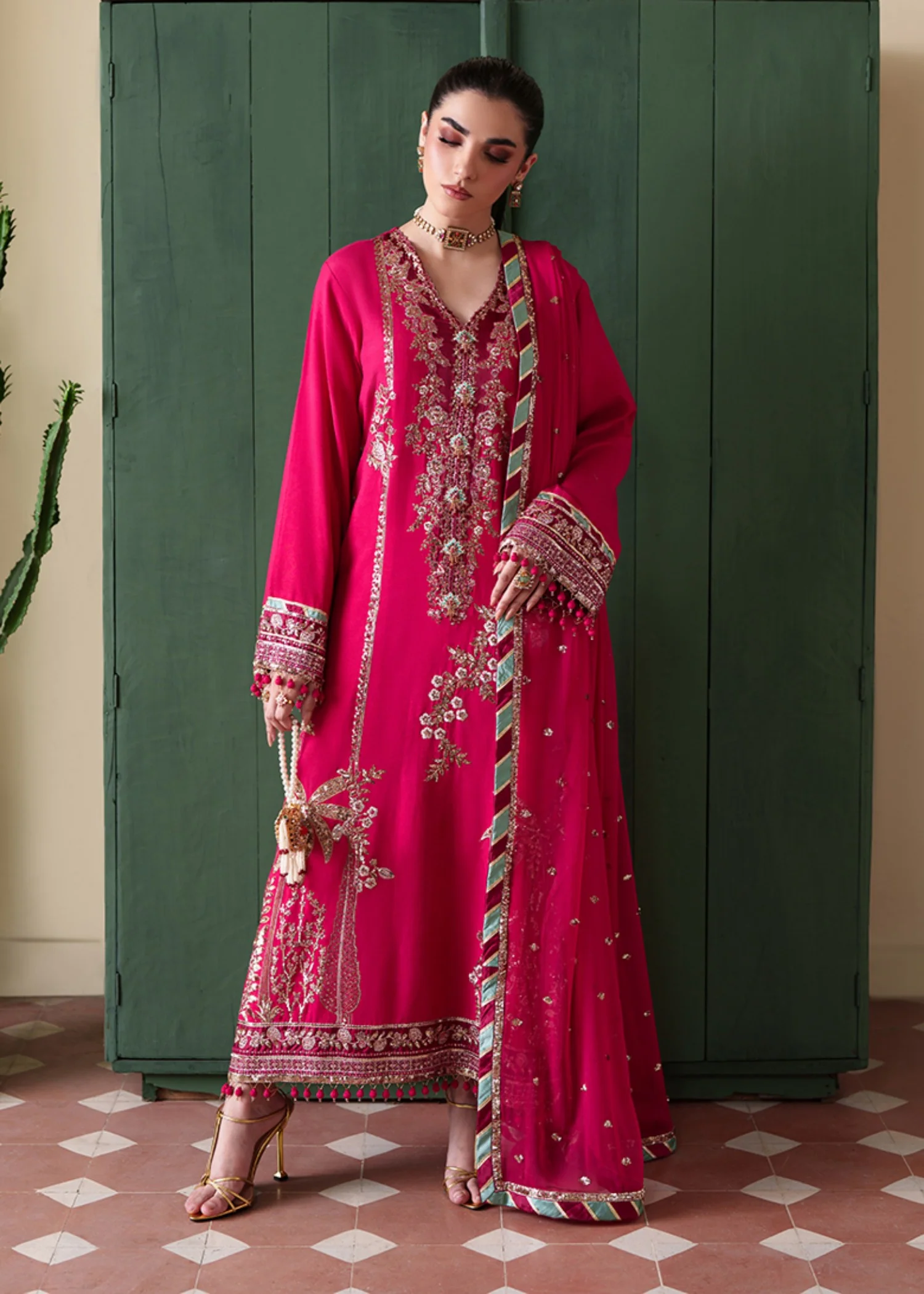 raw silk Unstitched in Shocking pink
