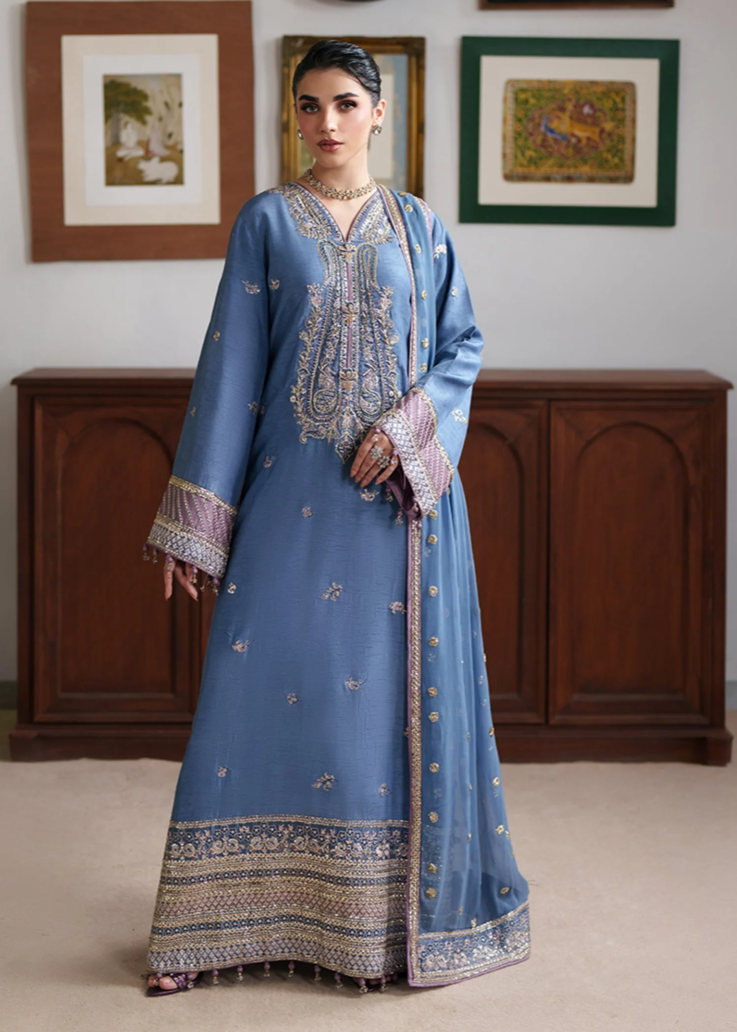 raw silk Unstitched in Cornflower blue
