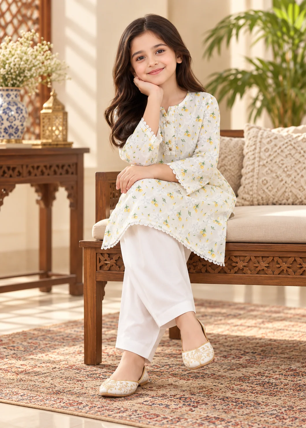 polycotton Kurta Set in Off-white, light yellow