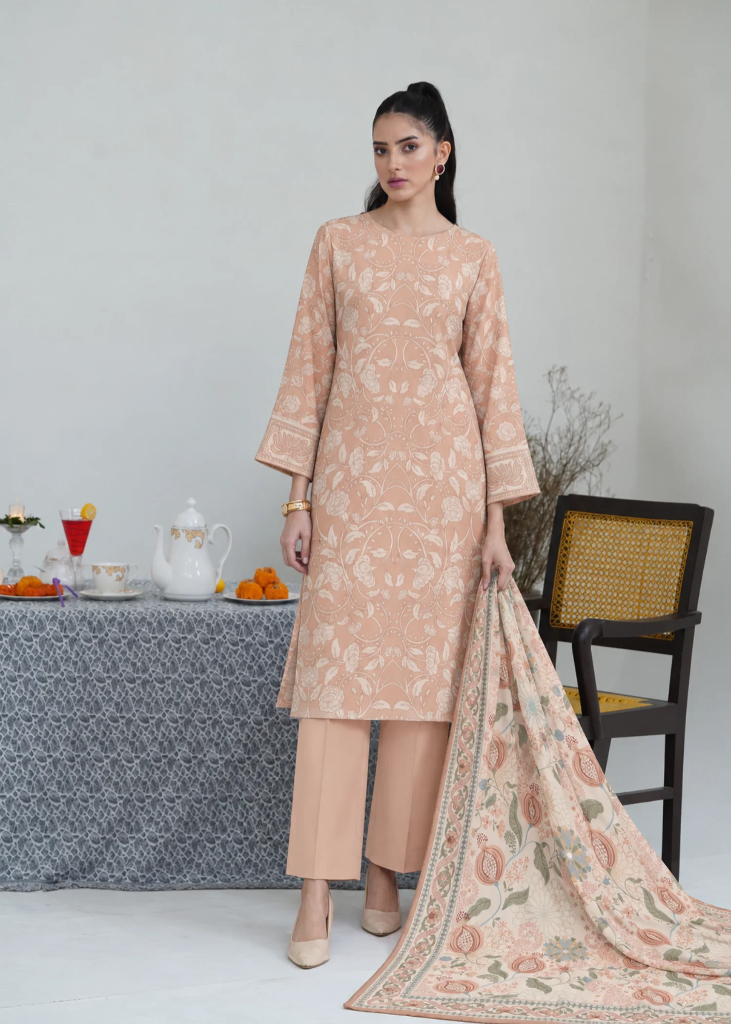 khaddar Unstitched in Peach orange