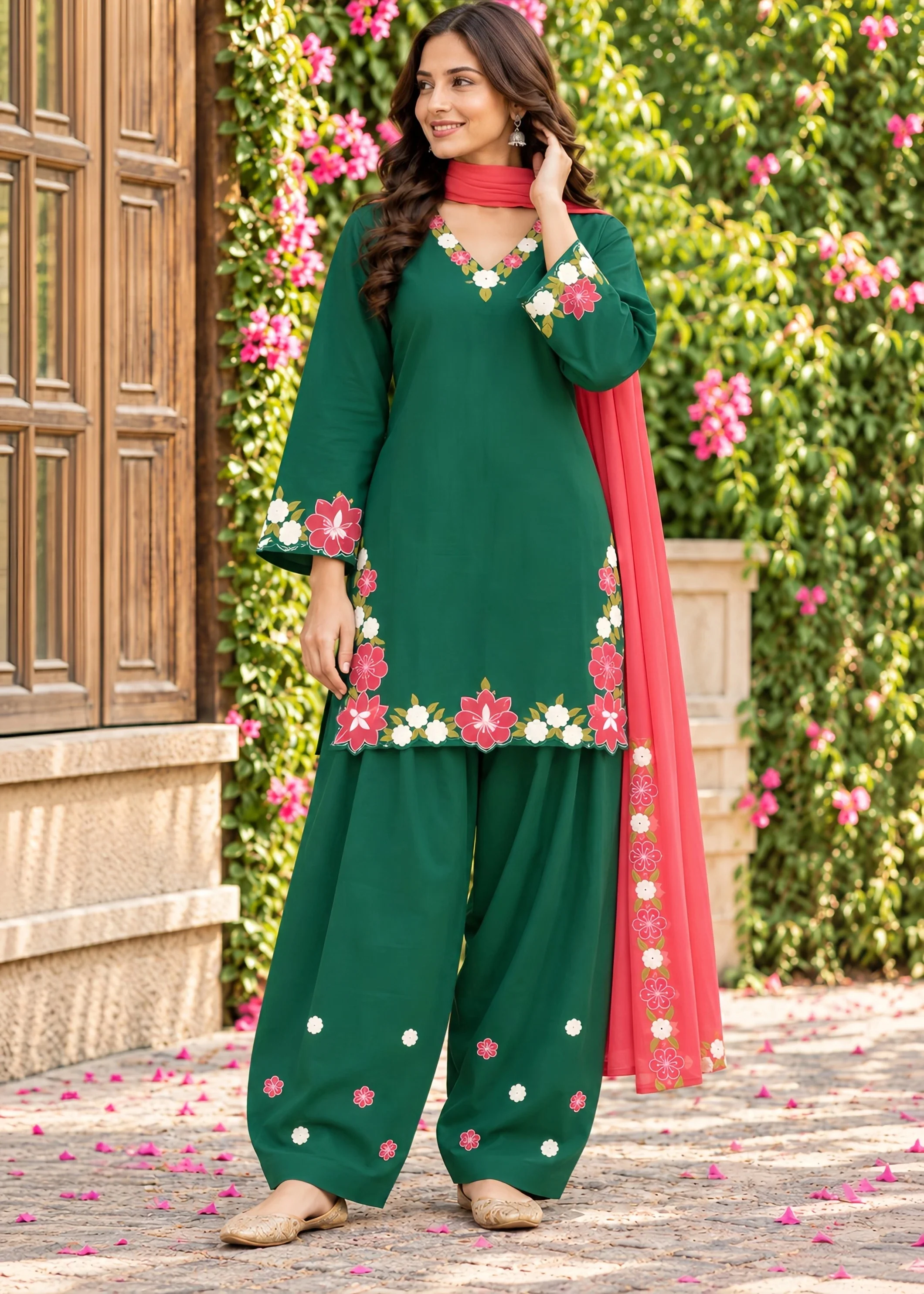 linen Kurta Set in Bottle green