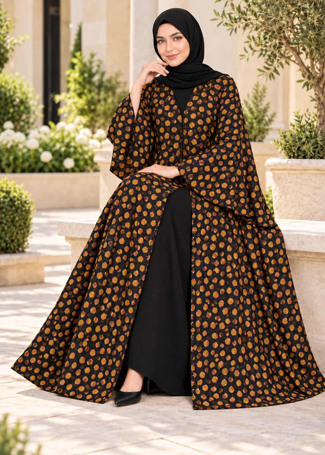 crepe georgette Abaya in Gold, rose pink, black