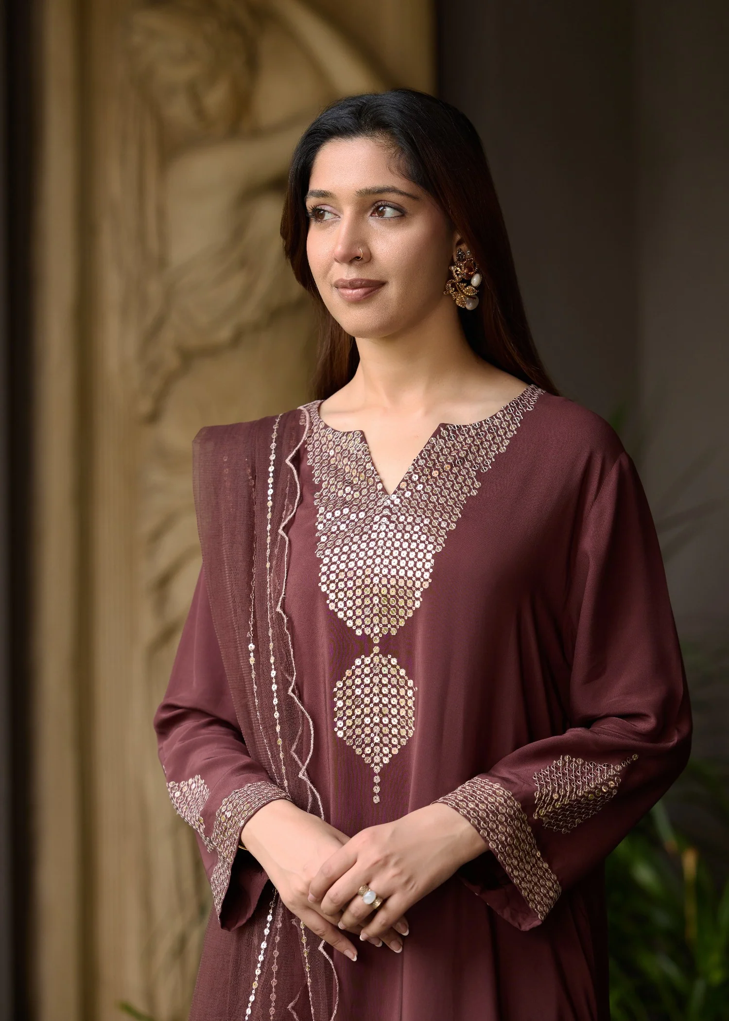 grip Kurta Set in Brown