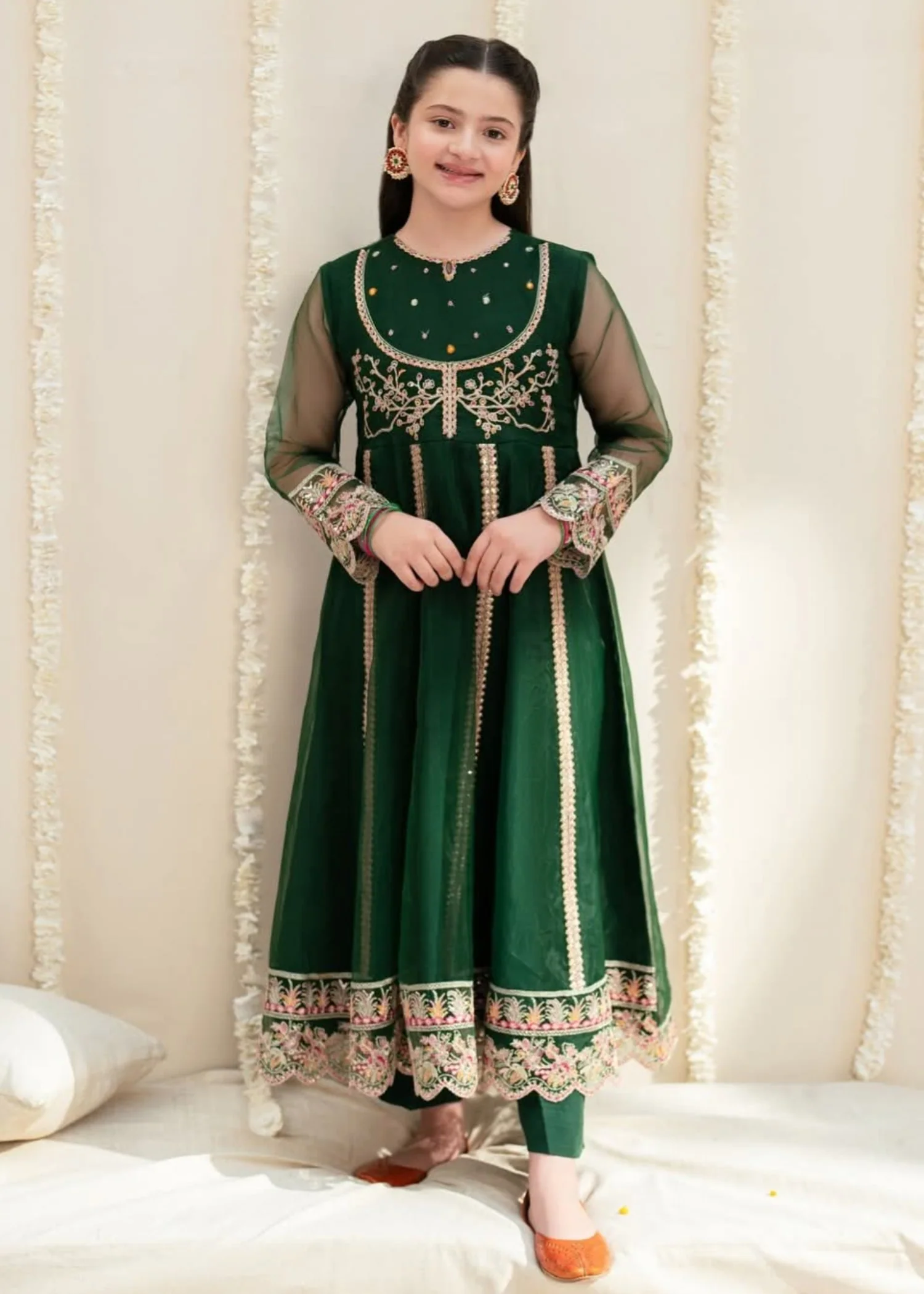organza Anarkali in Bottle green