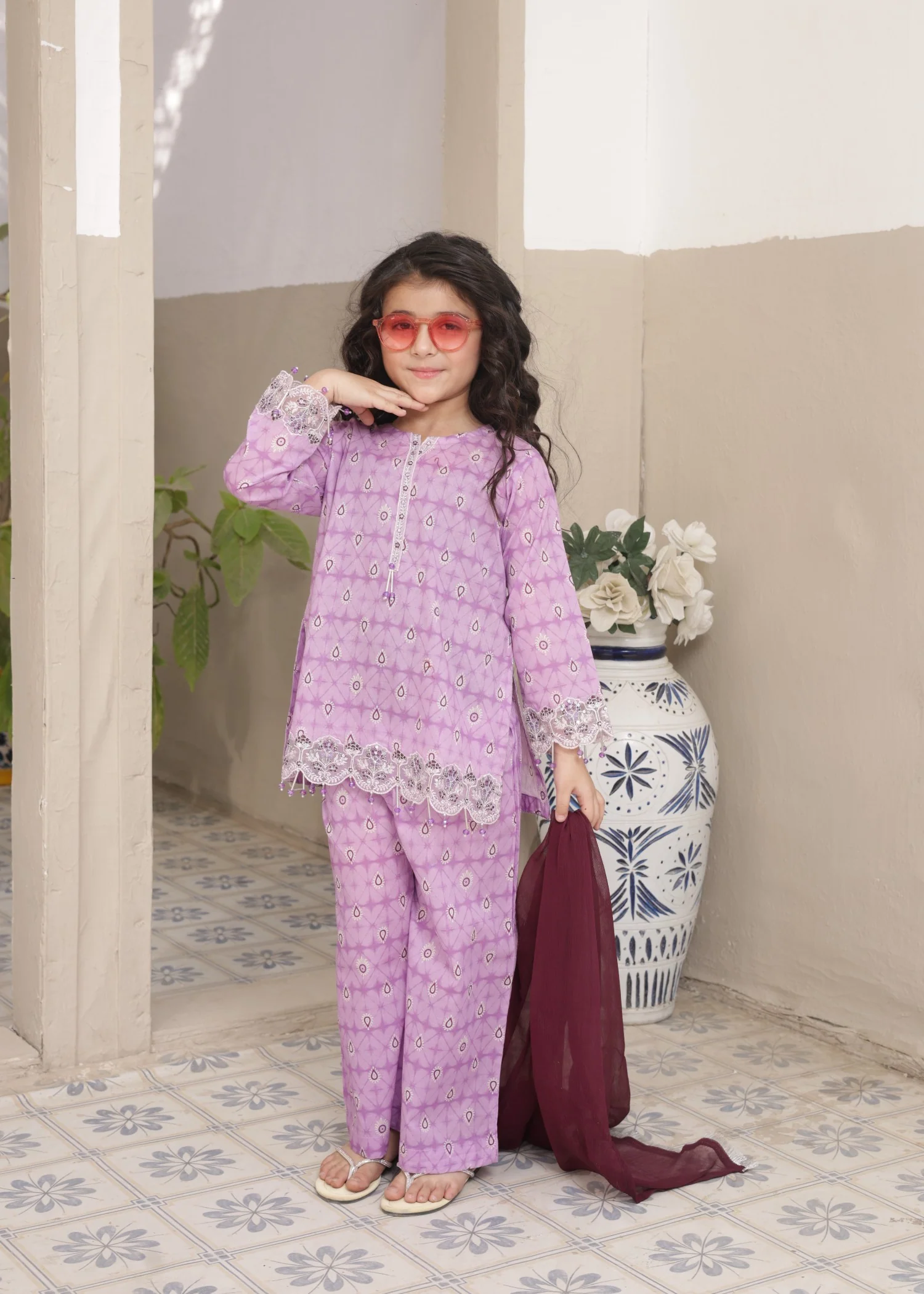 lawn cotton Kurta Set in Lilac