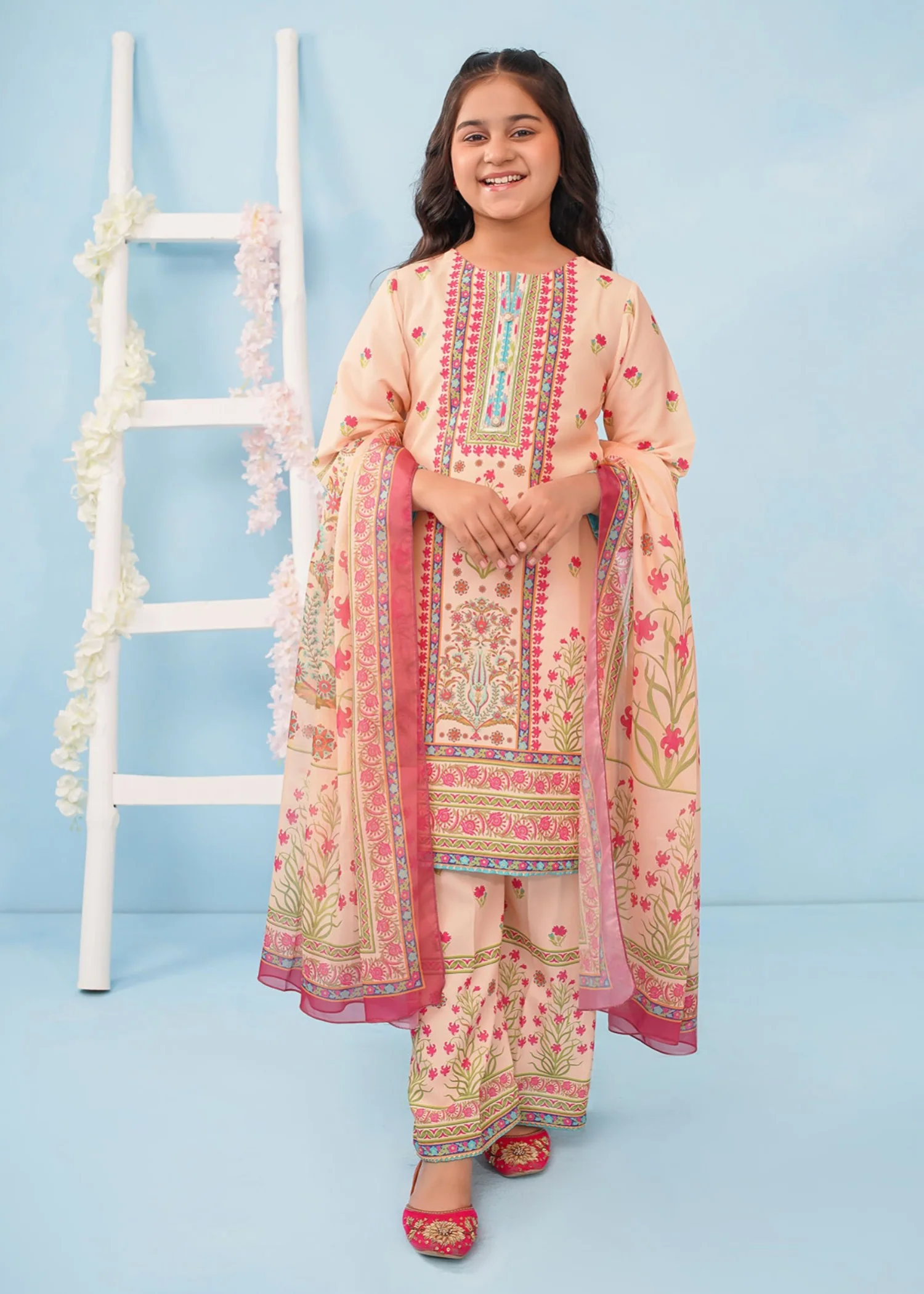 poly lawn Kurta Set in Peach pink