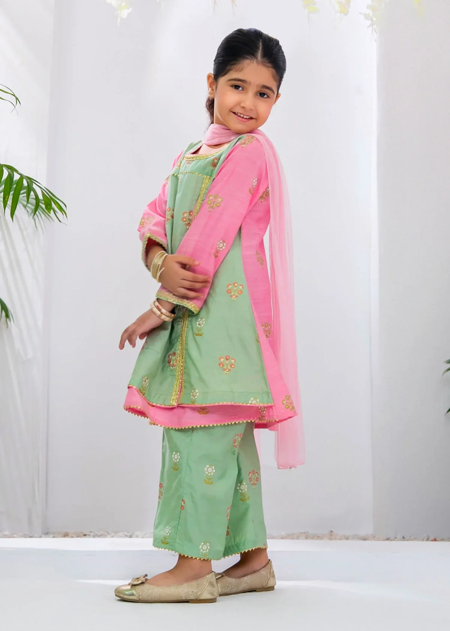 cotton silk Gown in Pink, mint green