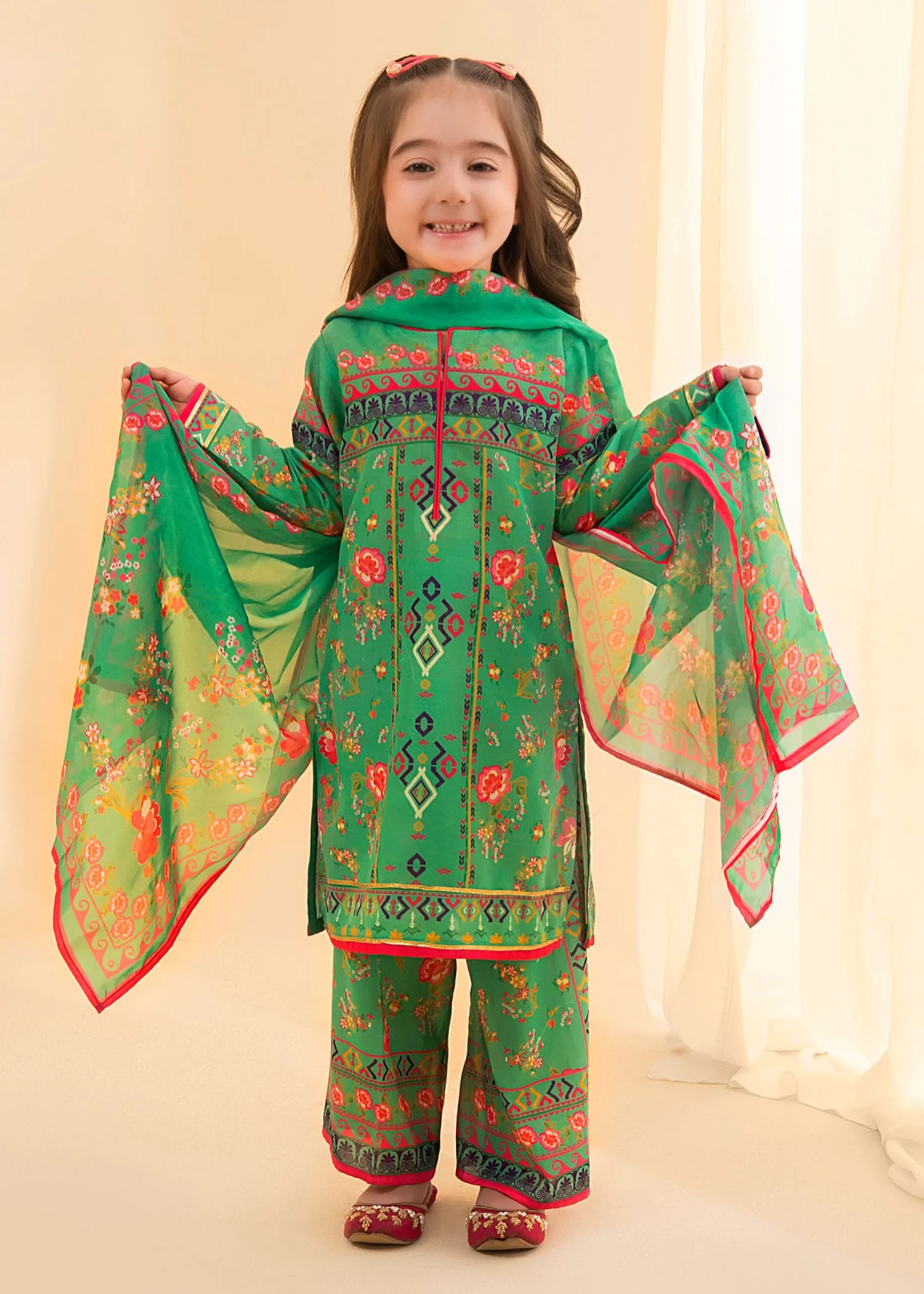poly lawn Kurta Set in Green