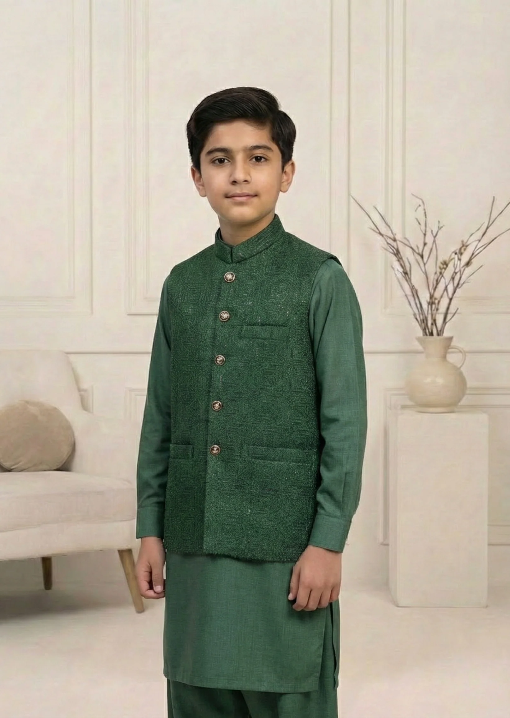 traditional jamawar Waistcoat in Green