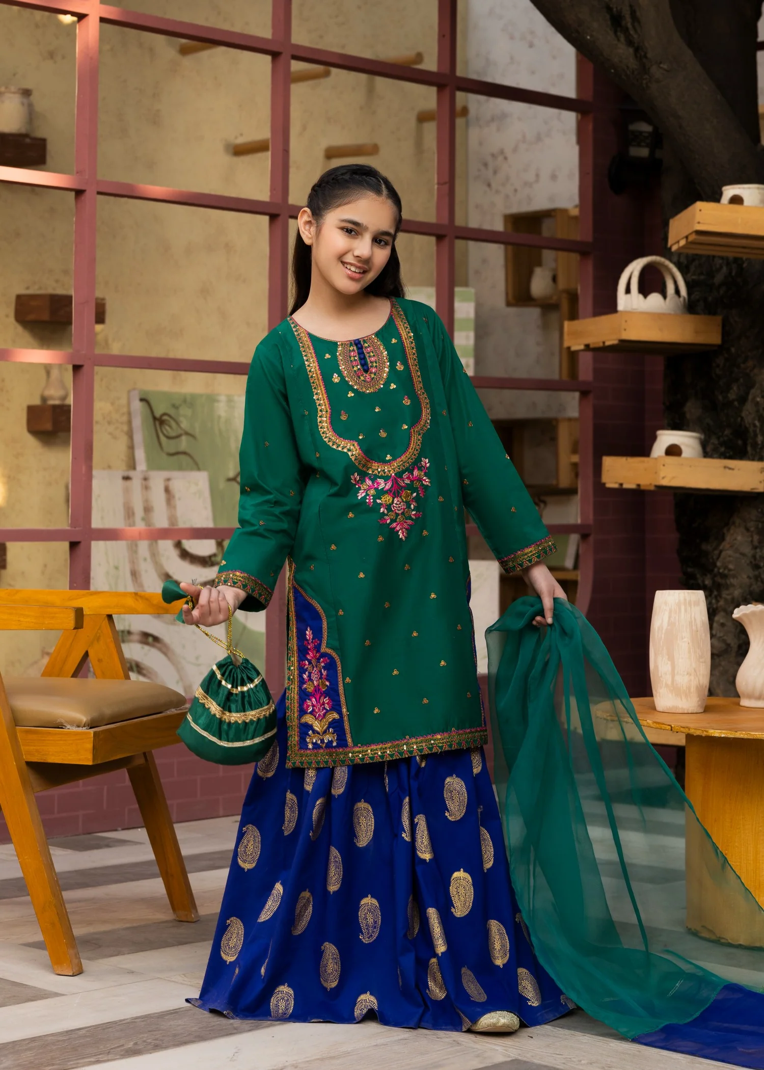 lawn cotton Sharara in Blue, sea green