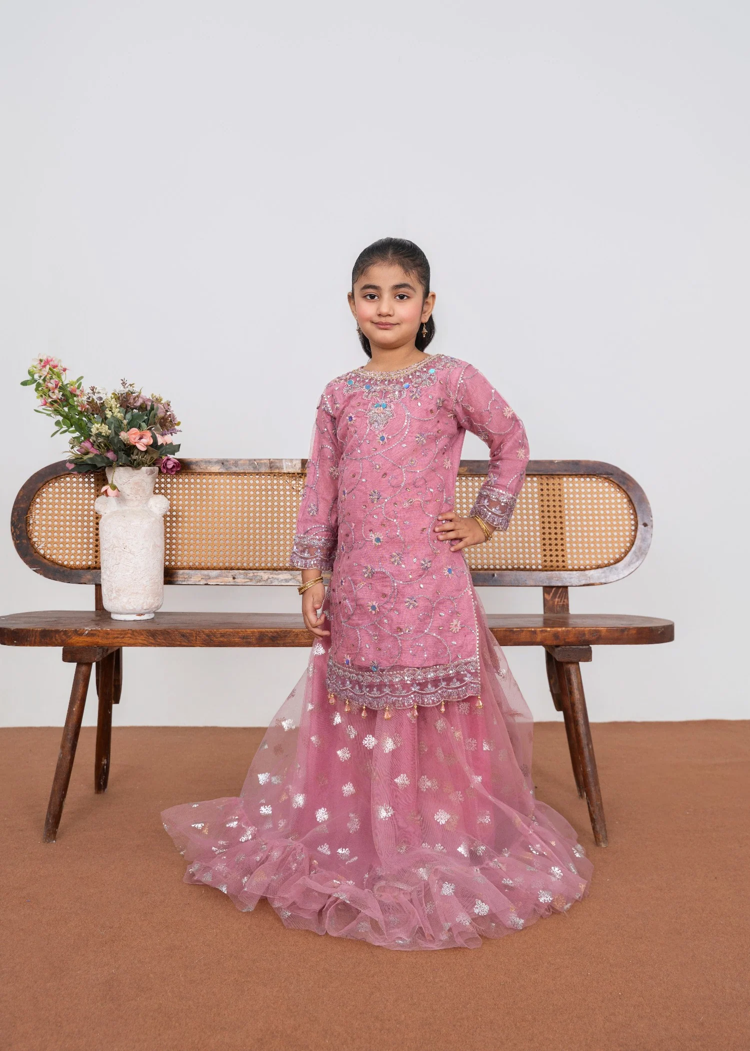 net Lehenga in Tea rose pink