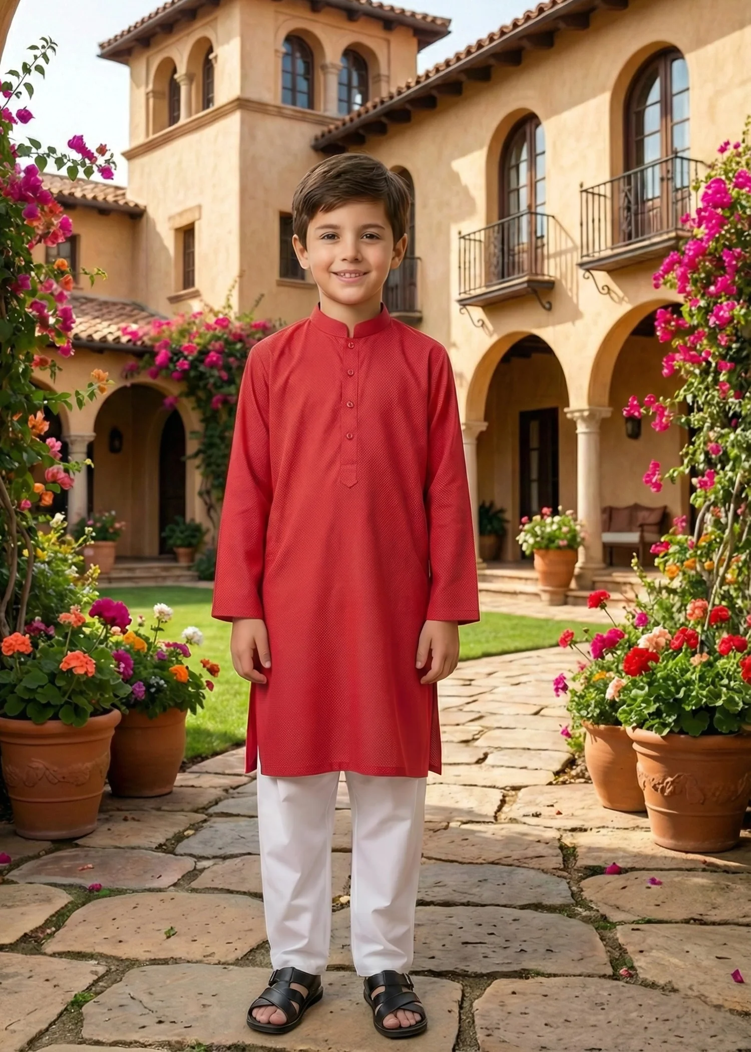 dobby Kurta Set in Red