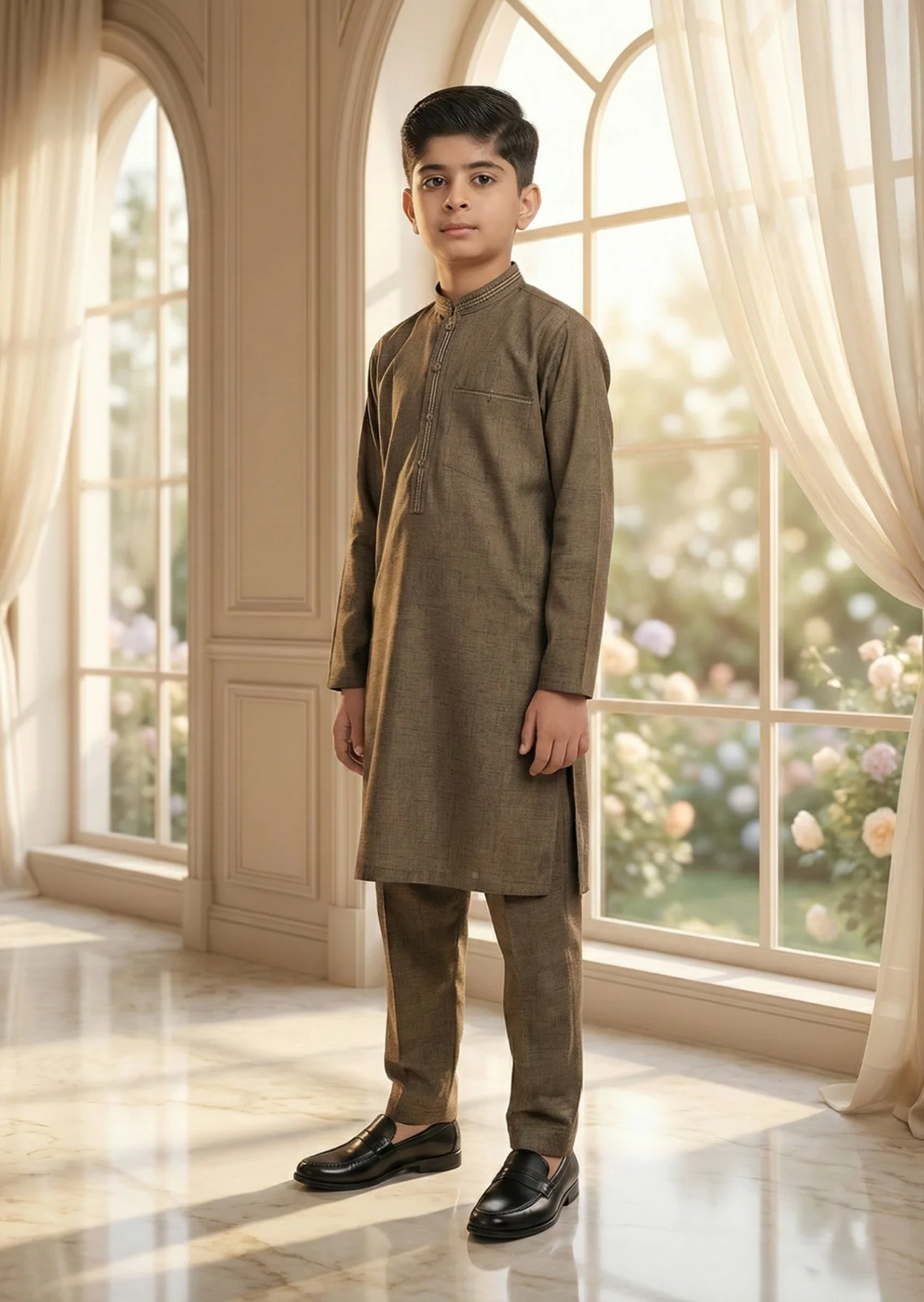 textured wash & wear Kurta Set in Brown