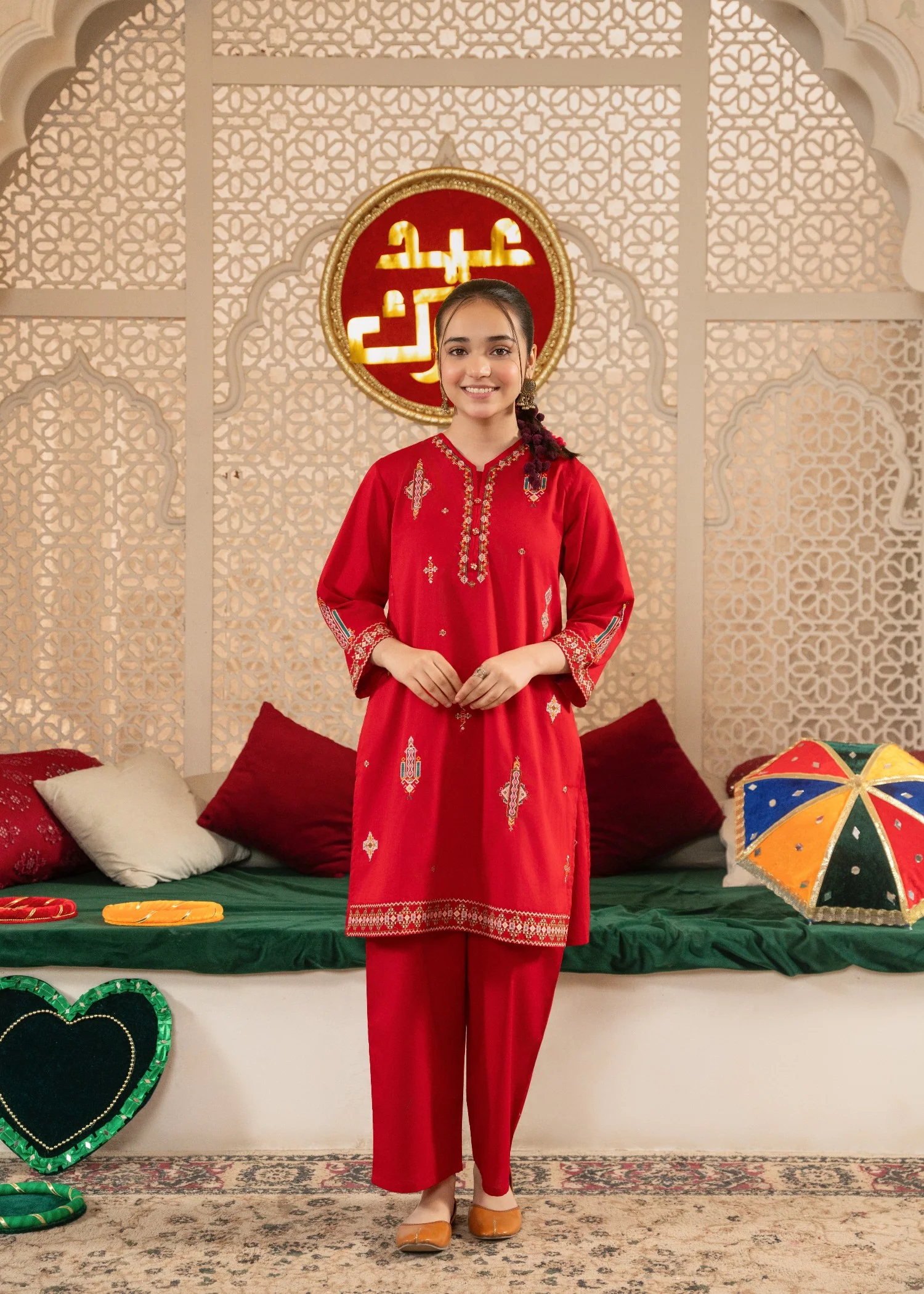 cotton Kurta Set in Red