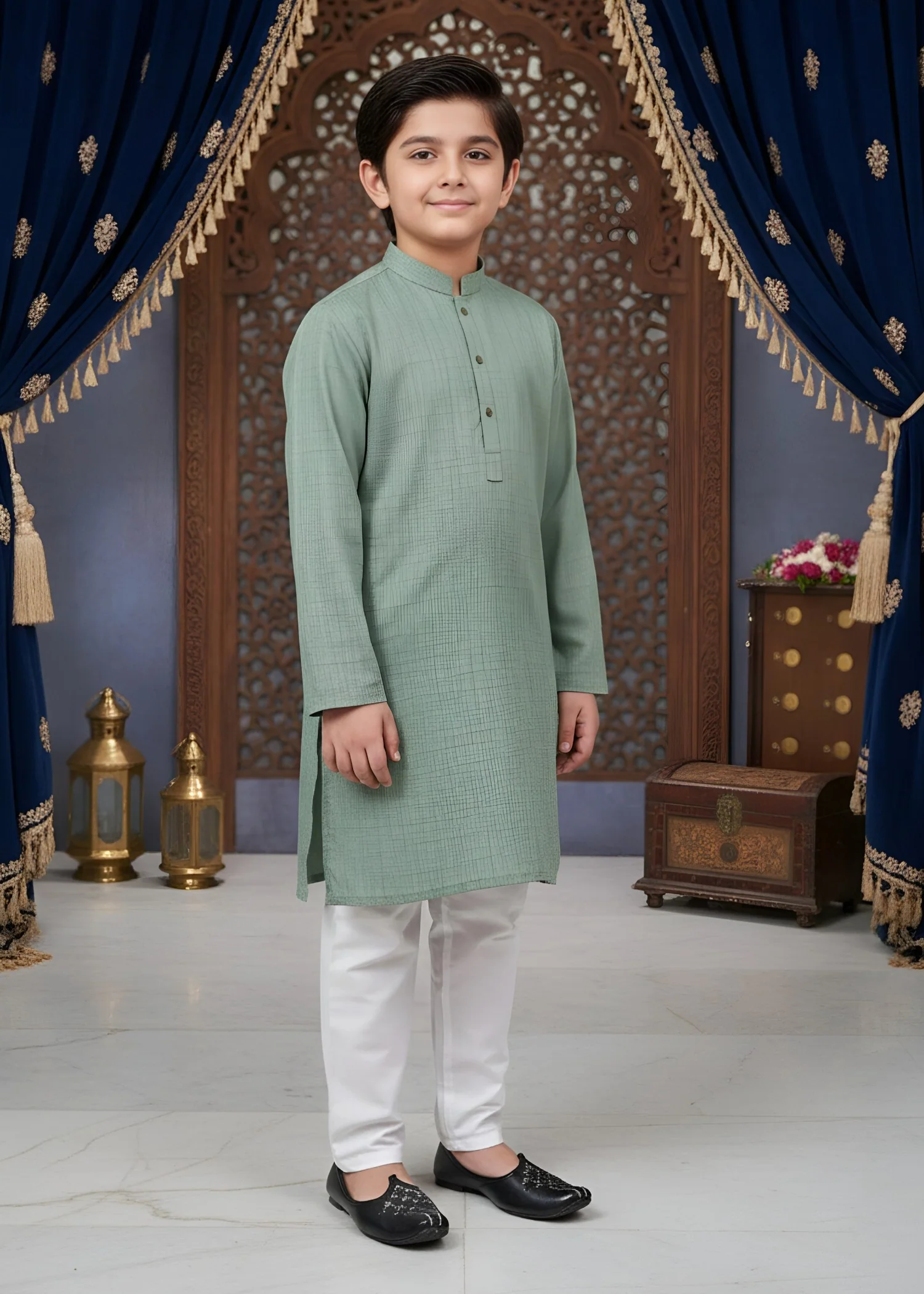 tropical Kurta Set in White, herb green