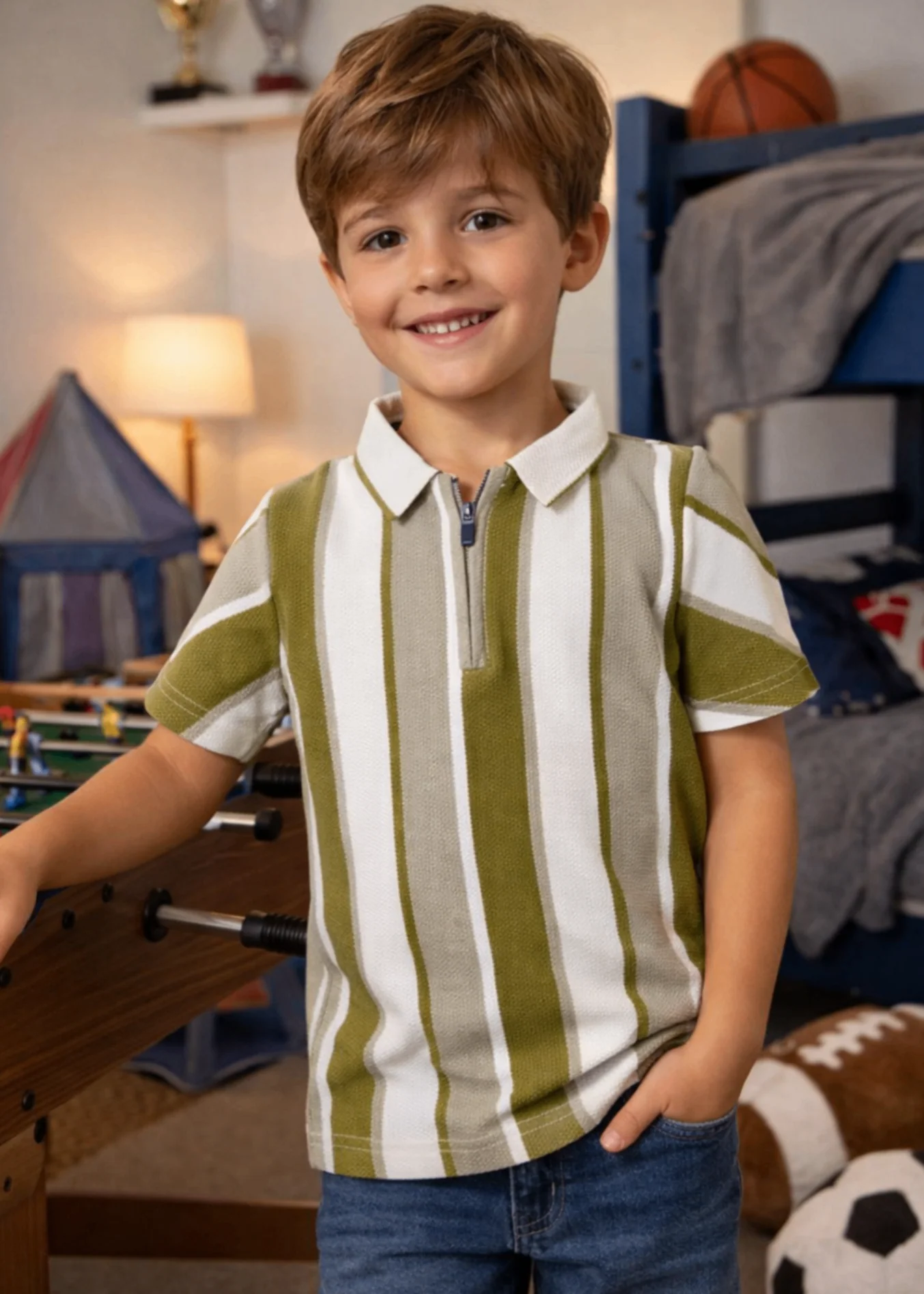 cotton jersey Polo Shirt in Olive green, white, bone