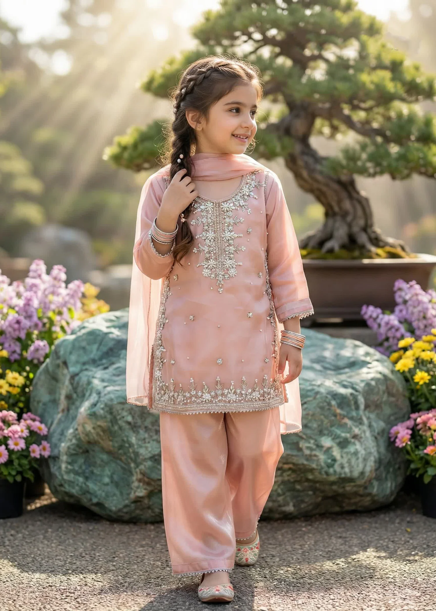 tissue silk Kurta Set in Peach pink