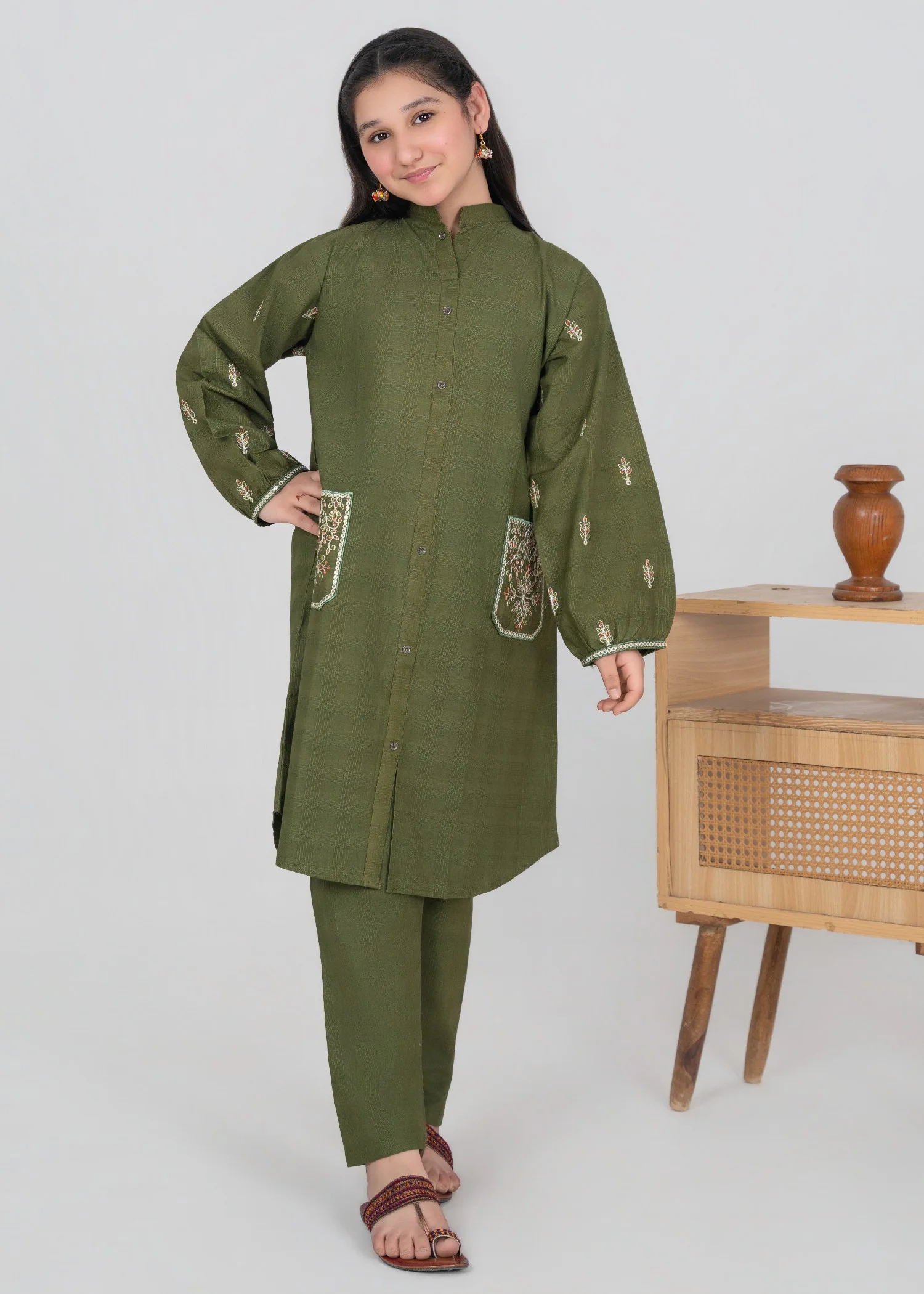 cambric Kurta Set in Olive green