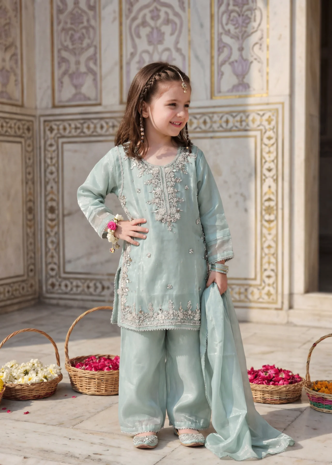tissue silk Kurta Set in Tea green