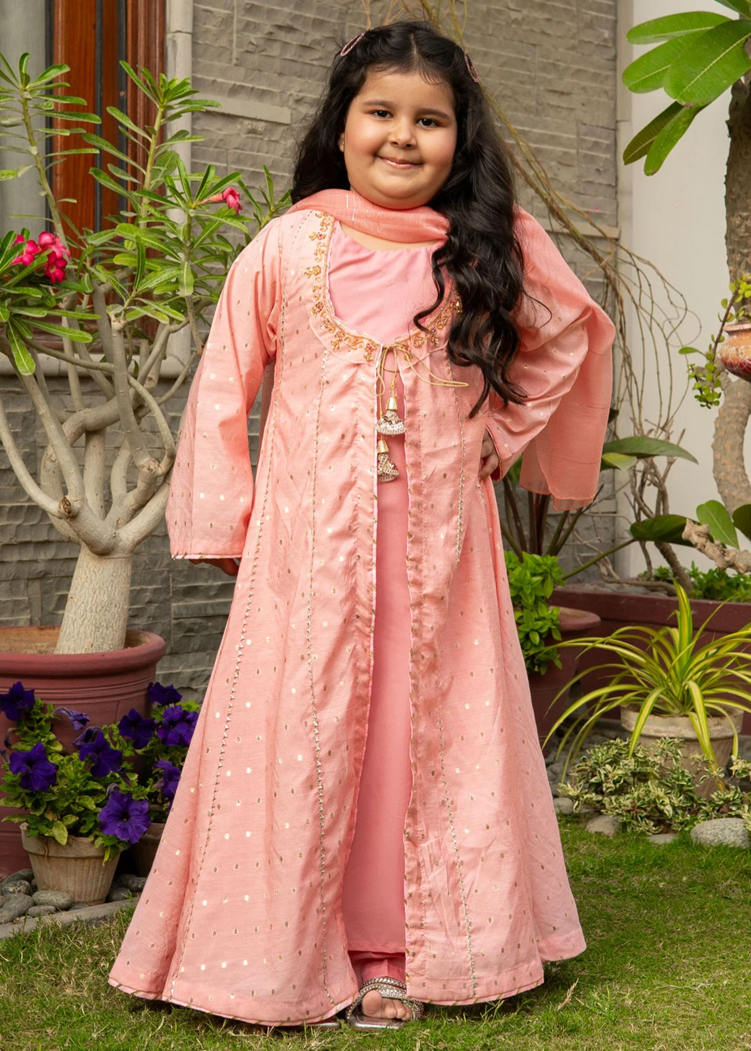 viscose jacquard Pishwas in Peach pink