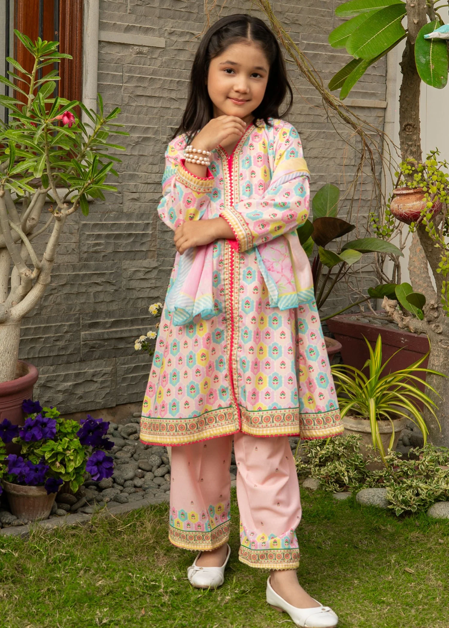 poly lawn Short Frock in Peach pink