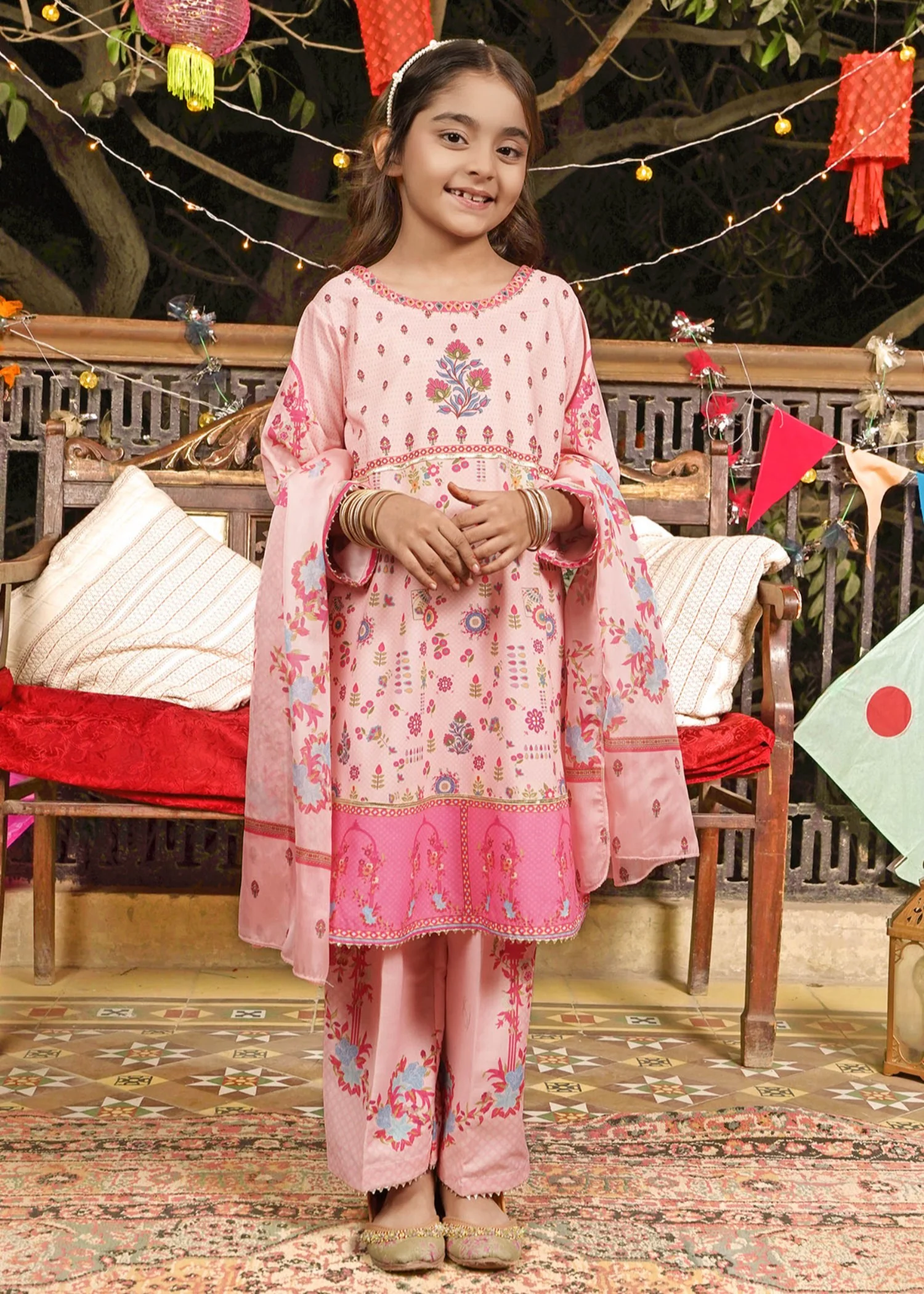 poly lawn Short Frock in Peach pink