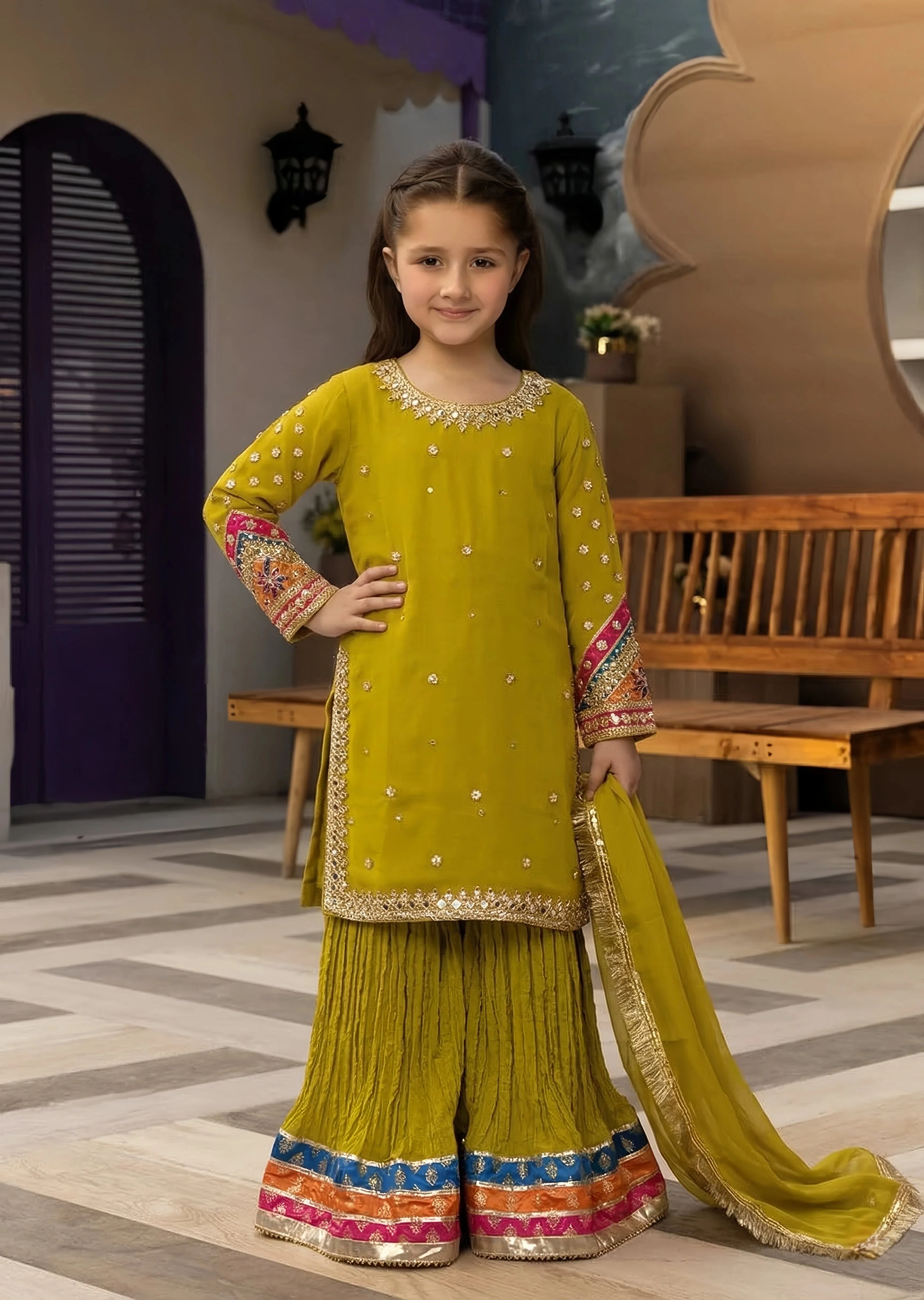 chiffon Sharara in Olive green