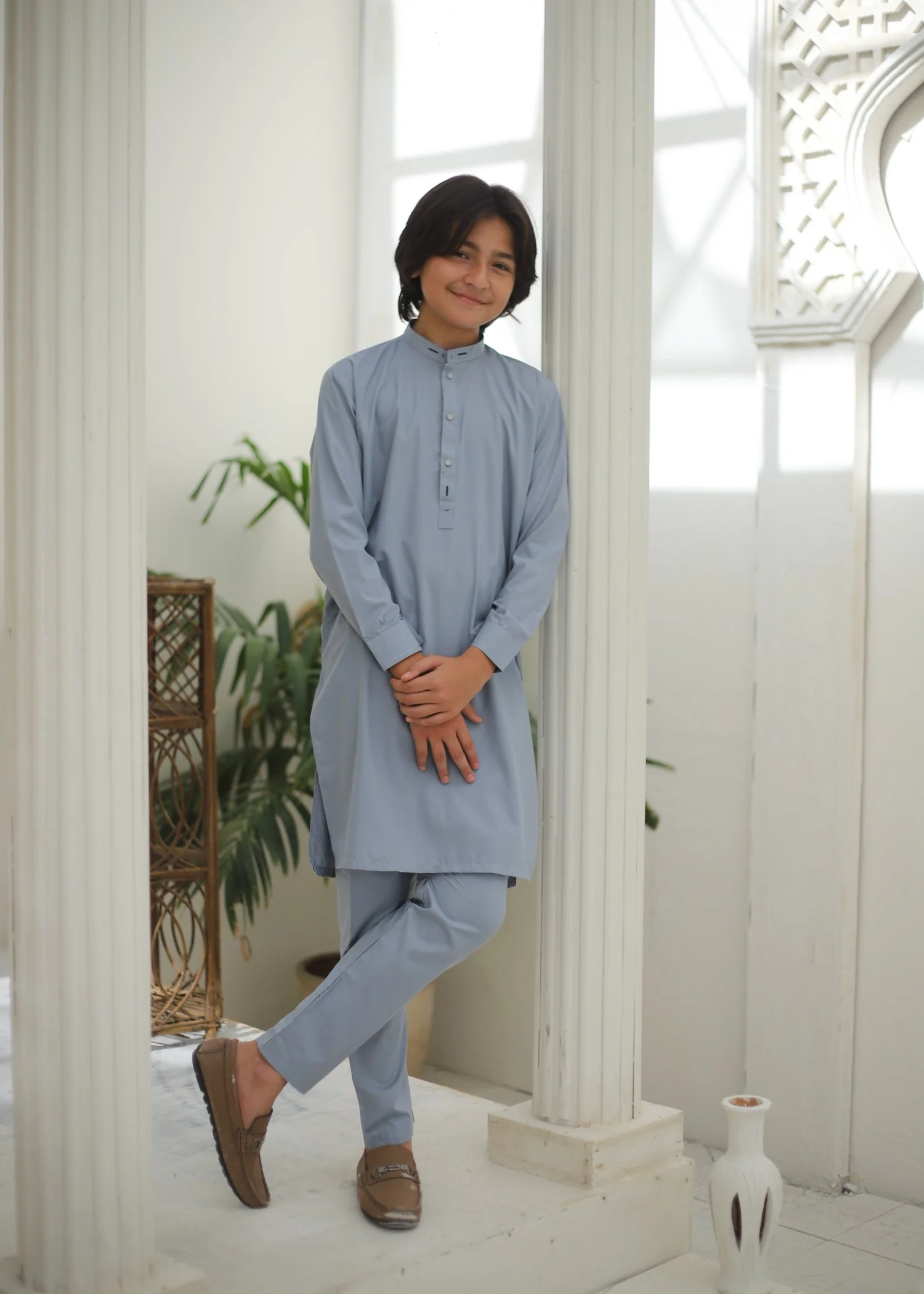 wash & wear Kurta Set in Duck egg grey