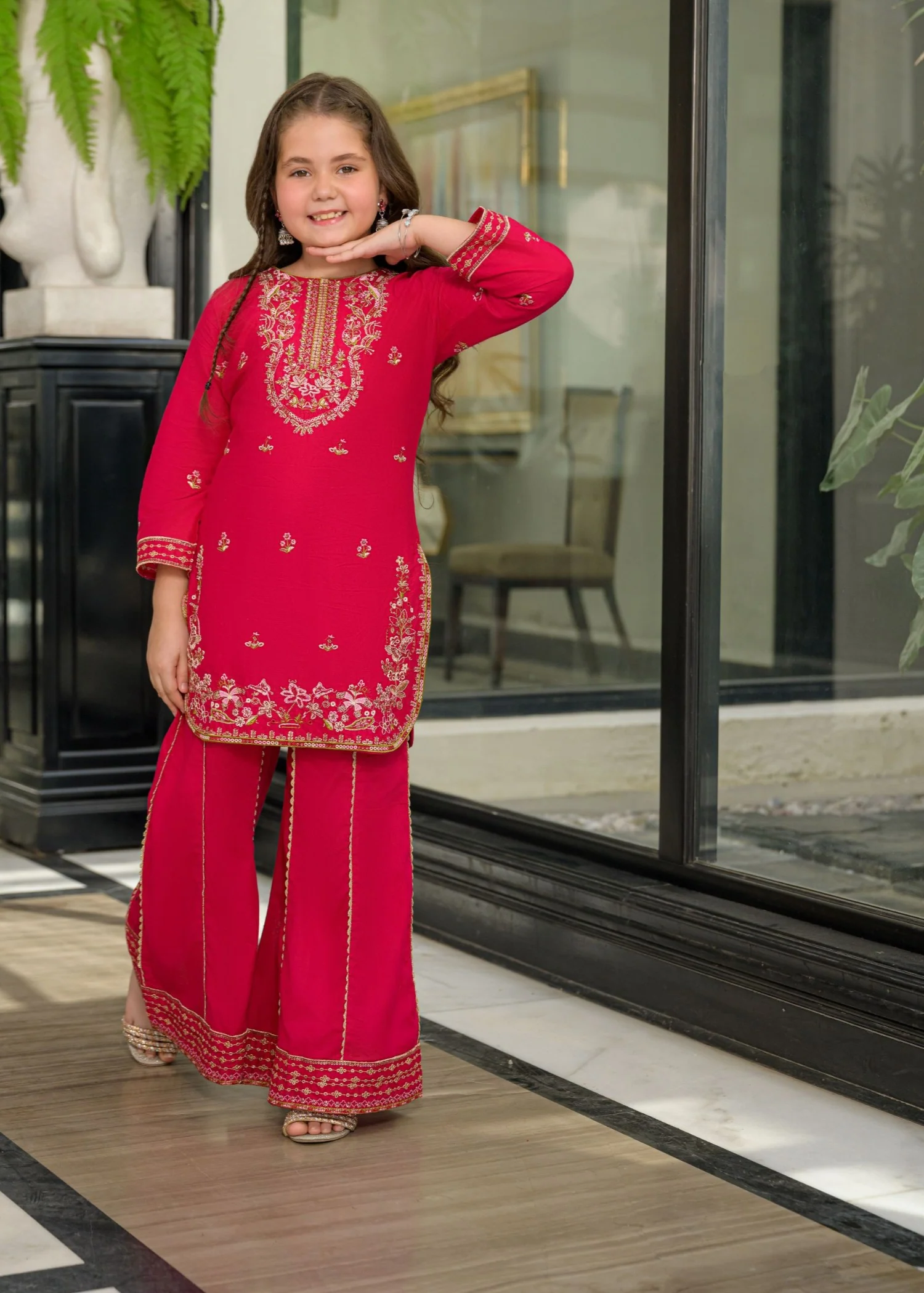 lawn Kurta Set in Hot pink