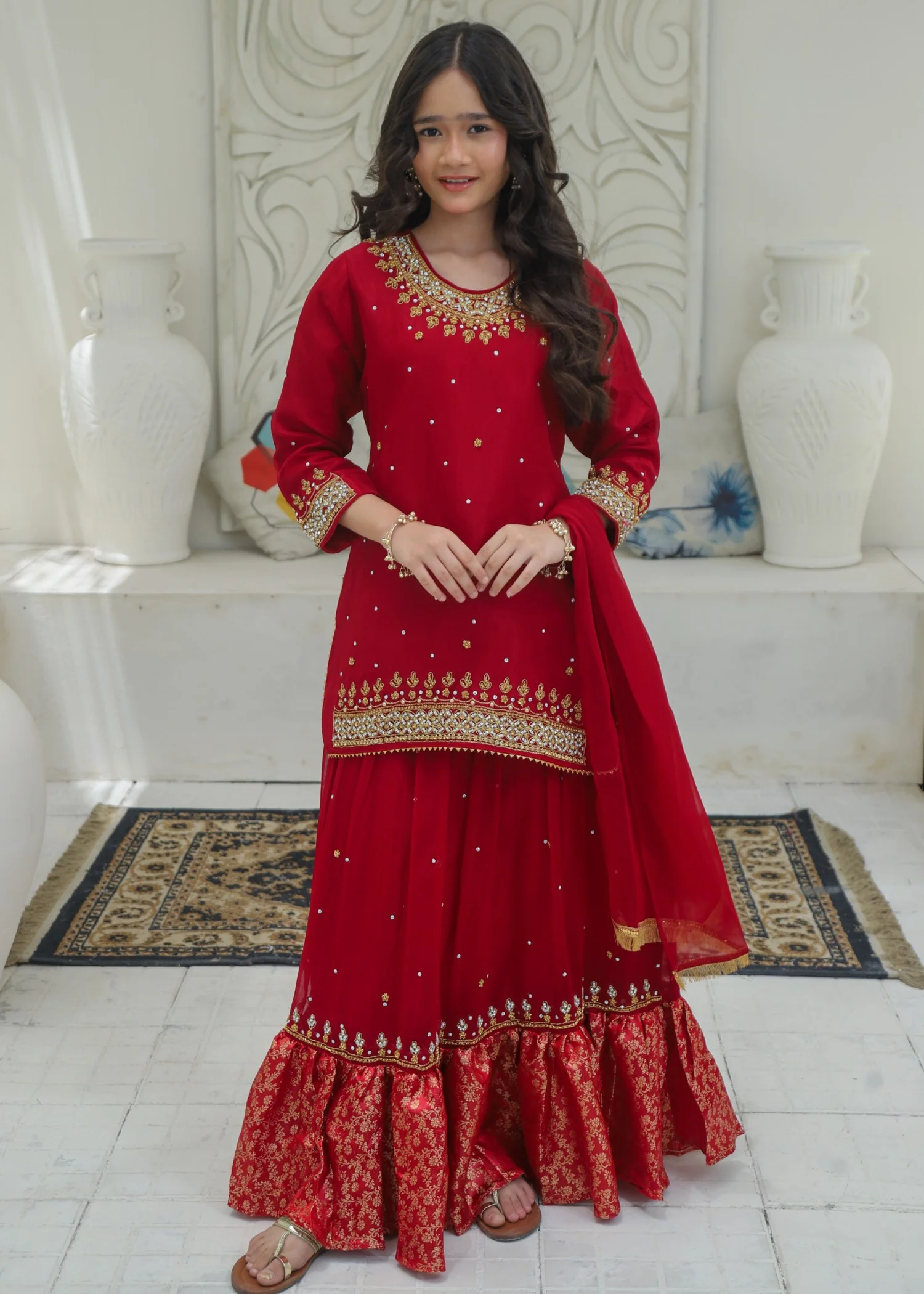 chiffon Lehenga in Burnt red