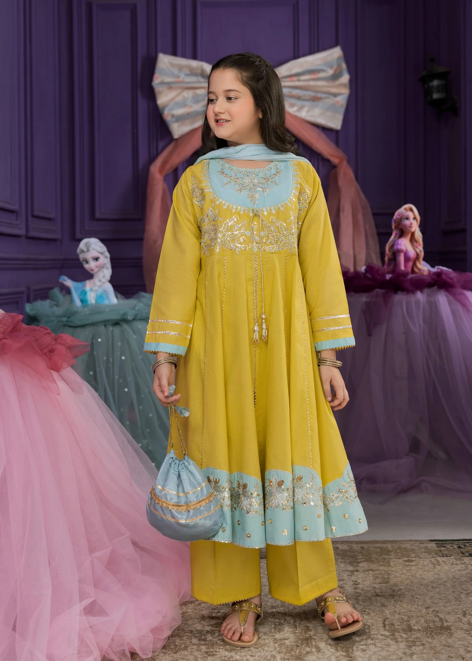 lawn cotton Pishwas in Yellow