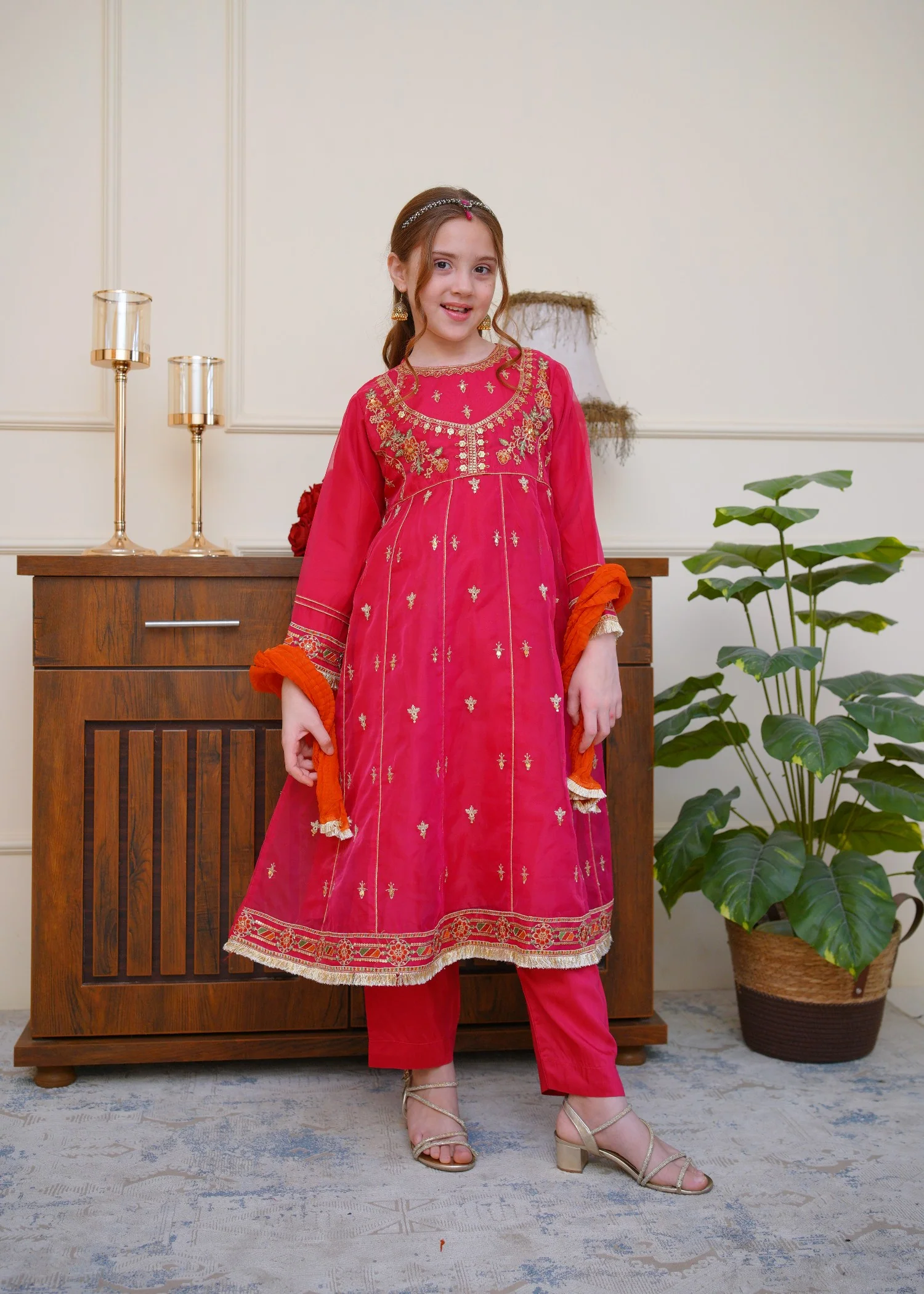 organza Pishwas in Raspberry pink
