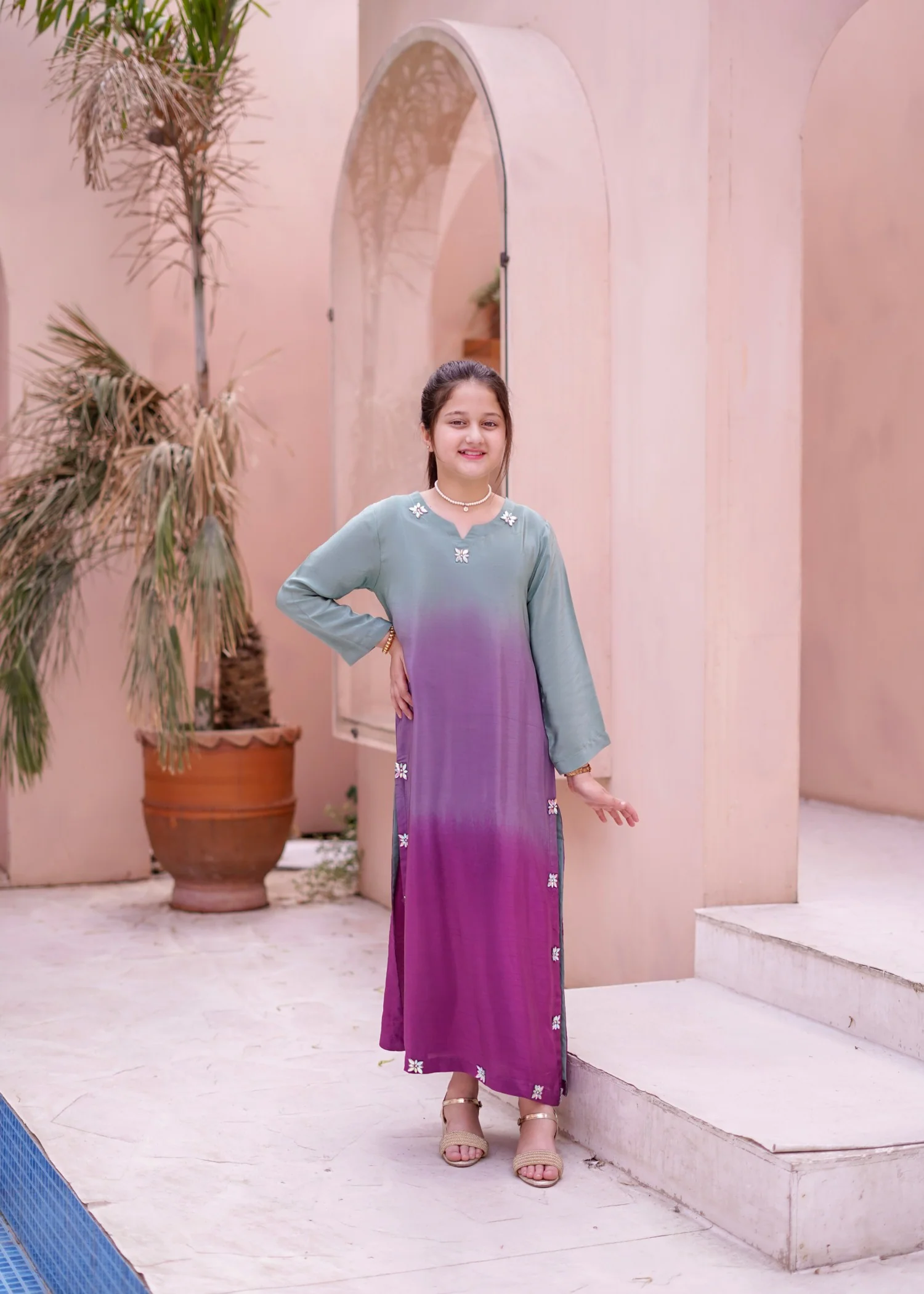 silk Kaftan in Royal amethyst, sage green