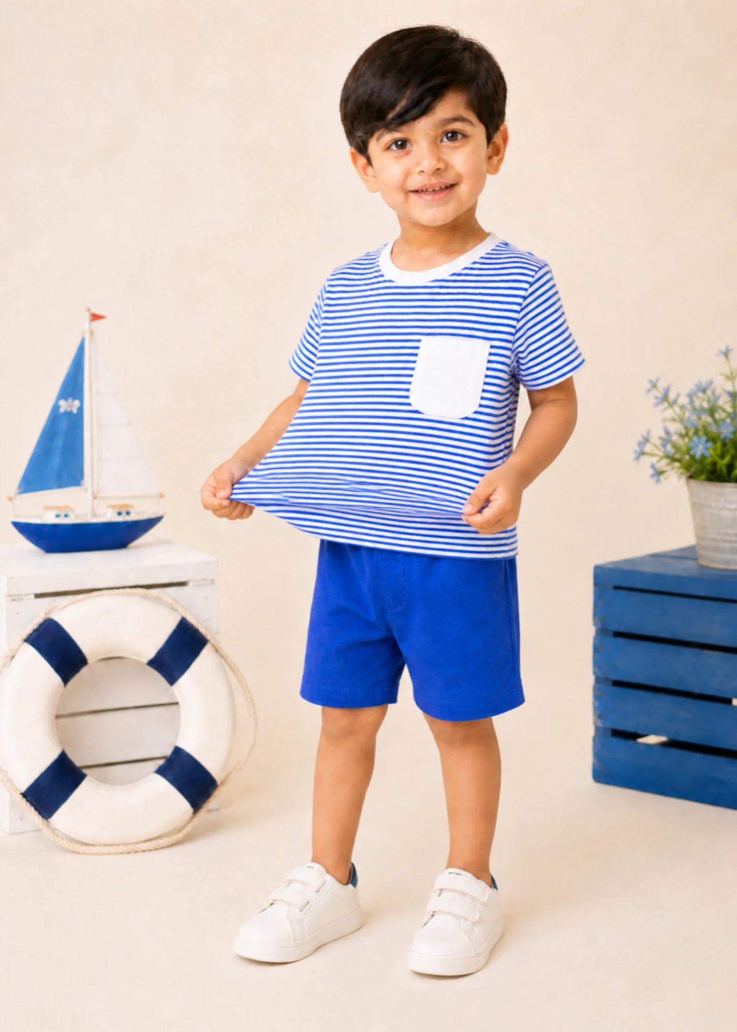 single jersey knit T Shirt in Royal blue, white